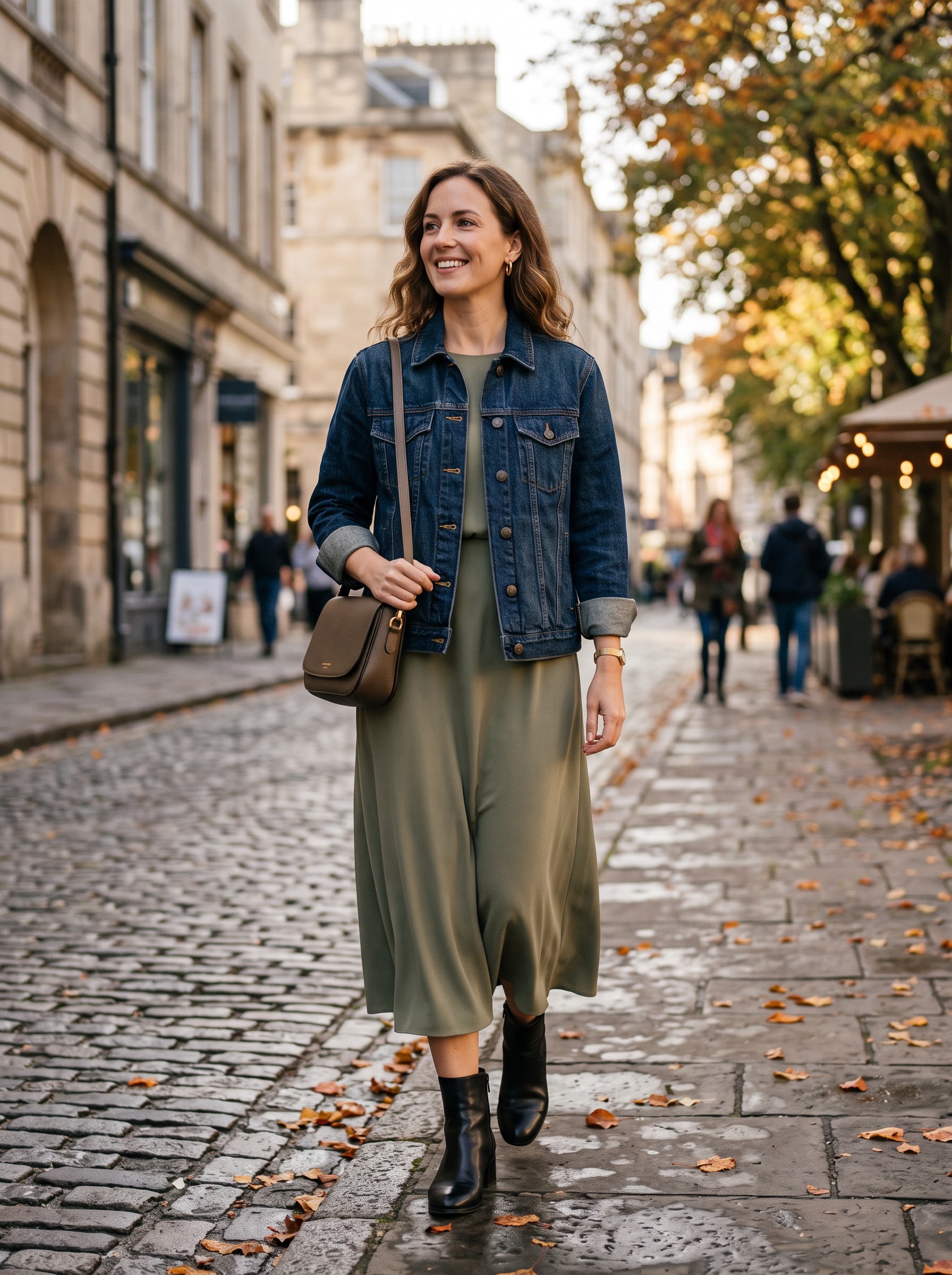 Dark Denim Jacket With a Midi Dress