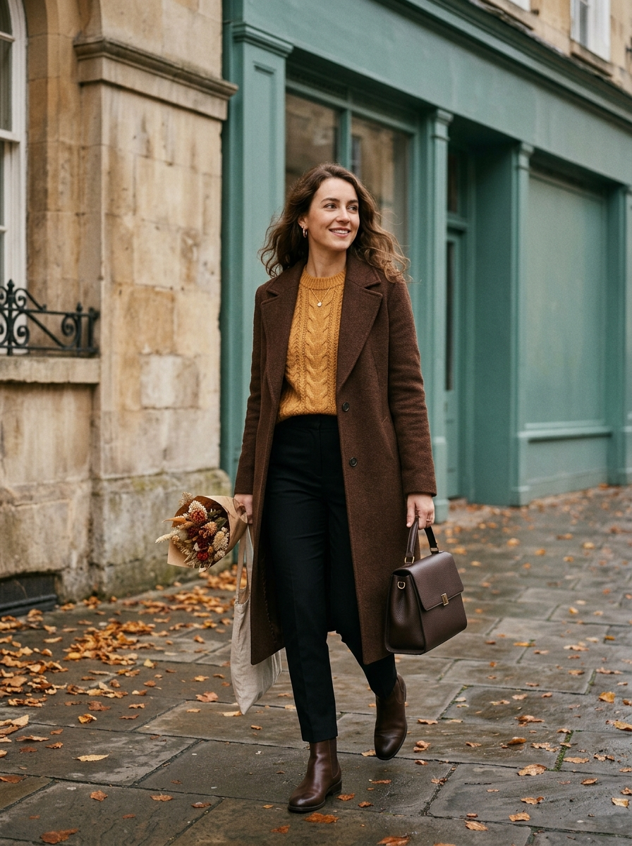 Deep Brown Coat With Ochre Knit and Black Trousers