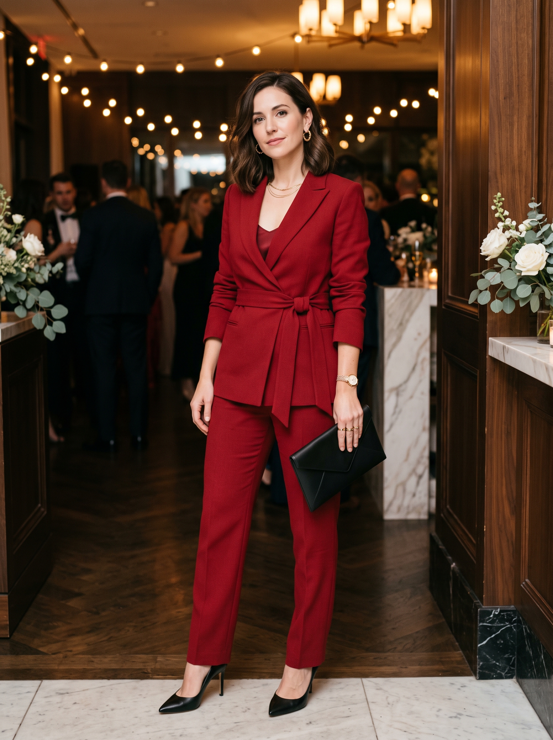 Deep Red Pants With Structured Wrap Blazer