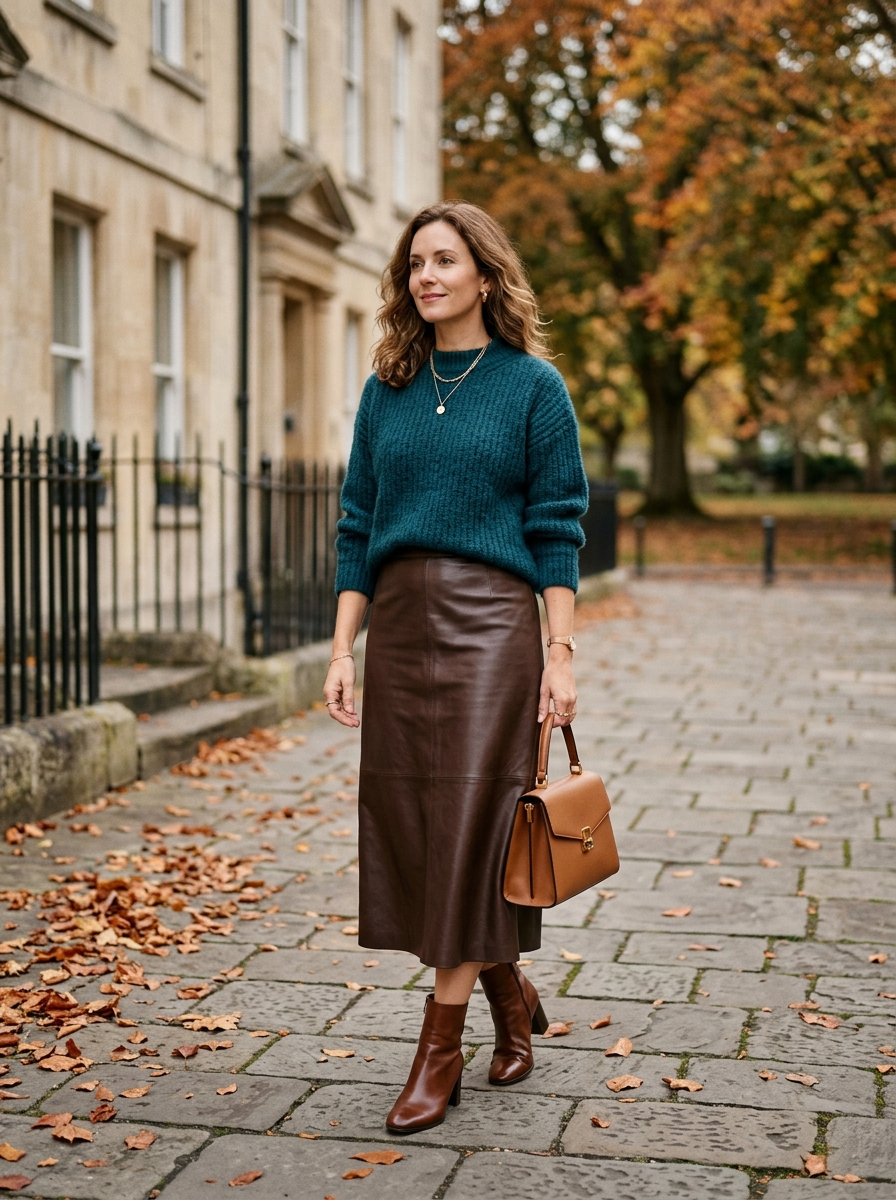 Deep Teal Knit With Chocolate Leather Skirt