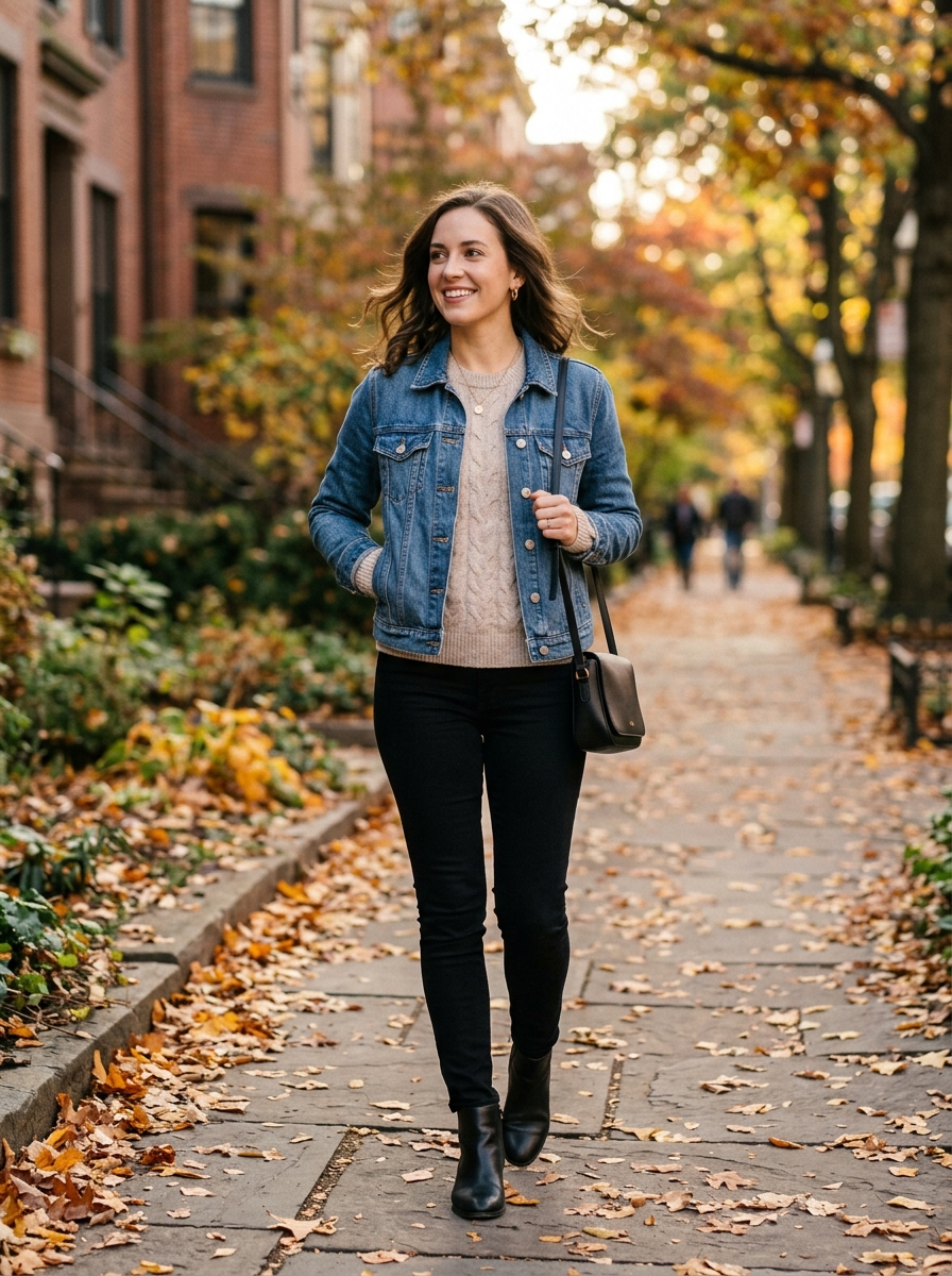Denim Jacket With Black Jeans and a Soft Knit
