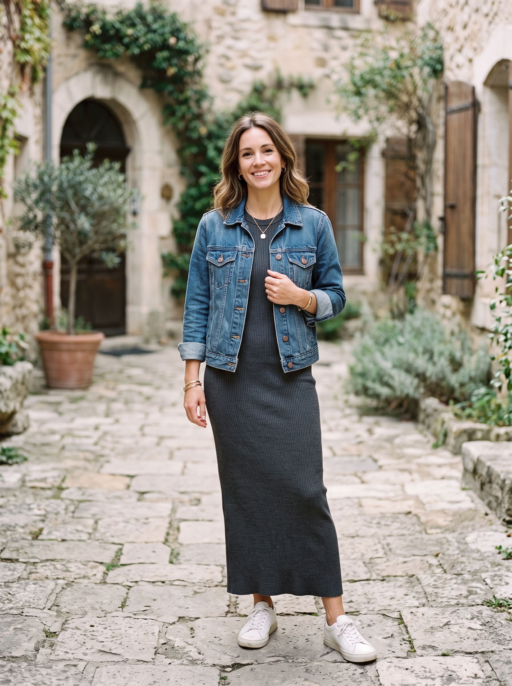 Denim Jacket With Column Midi Dress