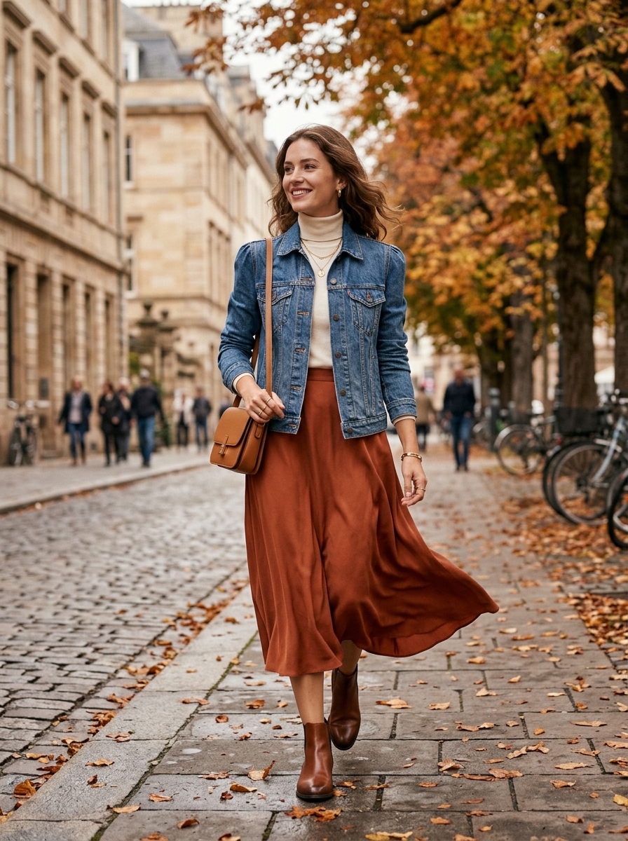 Denim Jacket With Flowing Midi Skirt