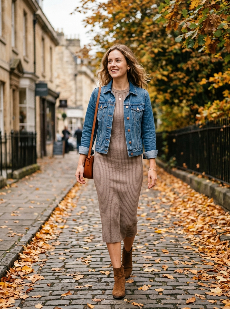 Denim Jacket With Knit Midi Dress