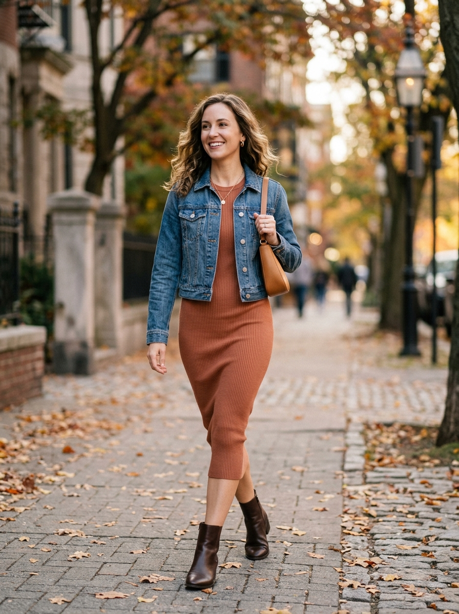 Denim Jacket With Knit Midi Dress