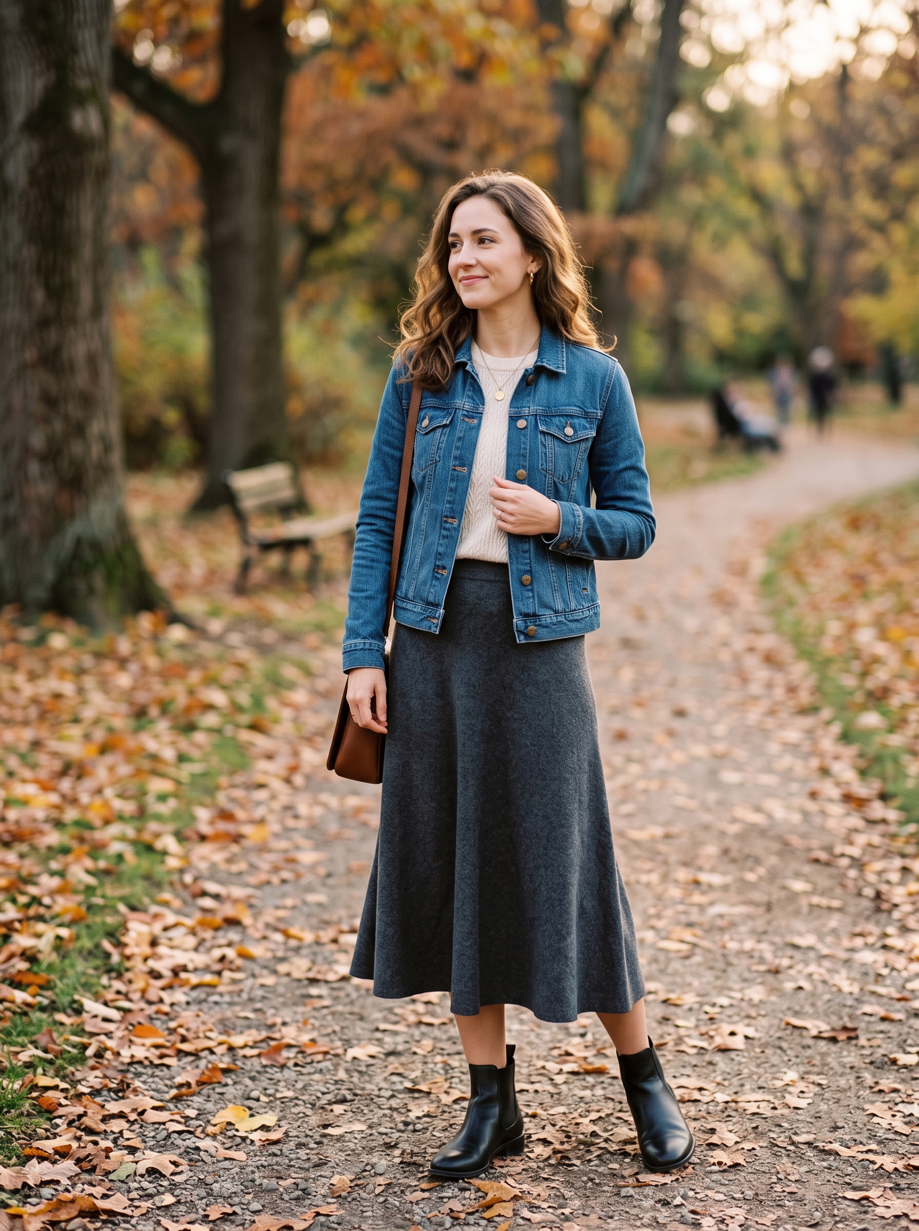 Denim Jacket With Knit Midi Skirt