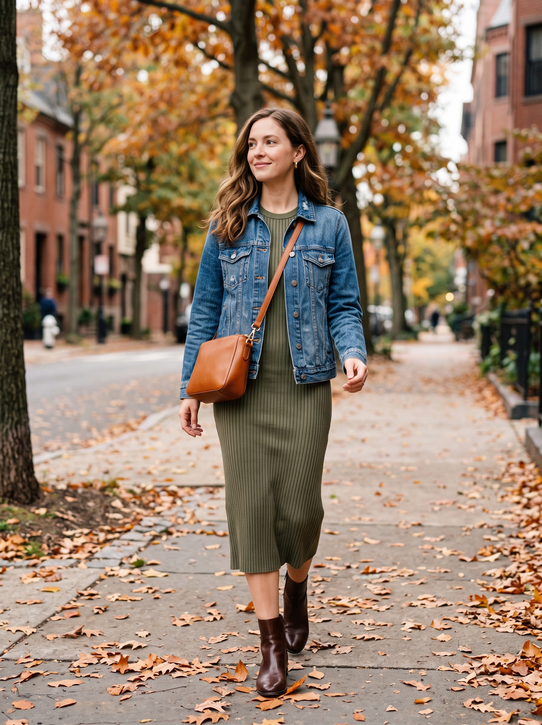 Denim Jacket With Ribbed Knit Midi Dress