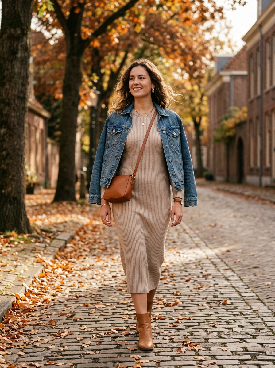 Denim Jacket With Ribbed Midi Dress