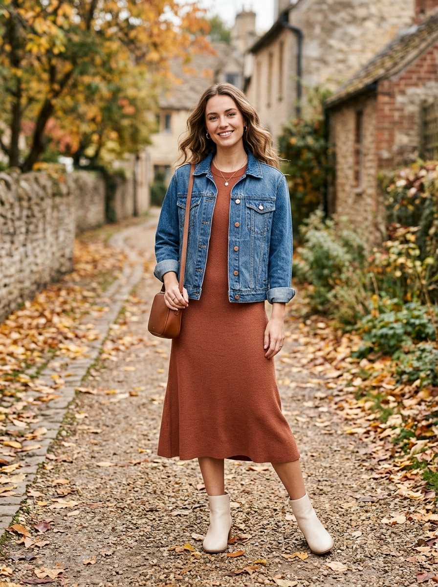 Denim Jacket With a Knit Midi Dress