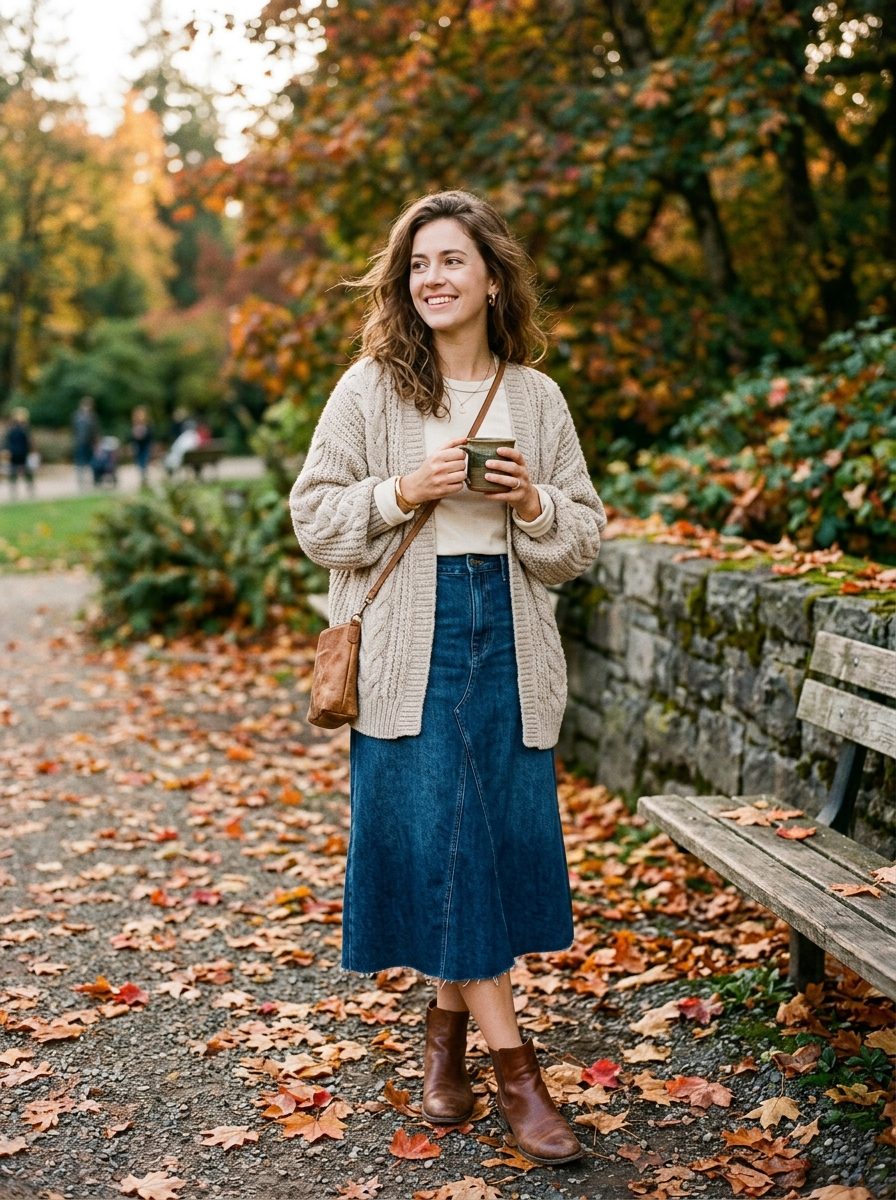 Denim Midi Skirt With a Relaxed Cardigan