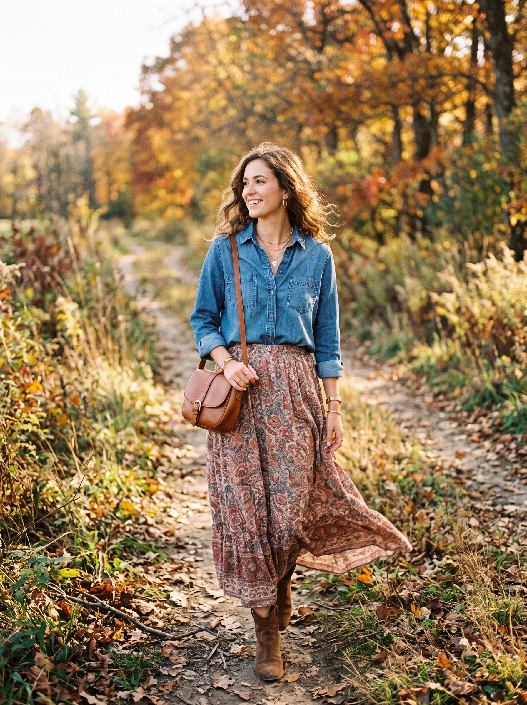 Denim Shirt With Printed Maxi Skirt