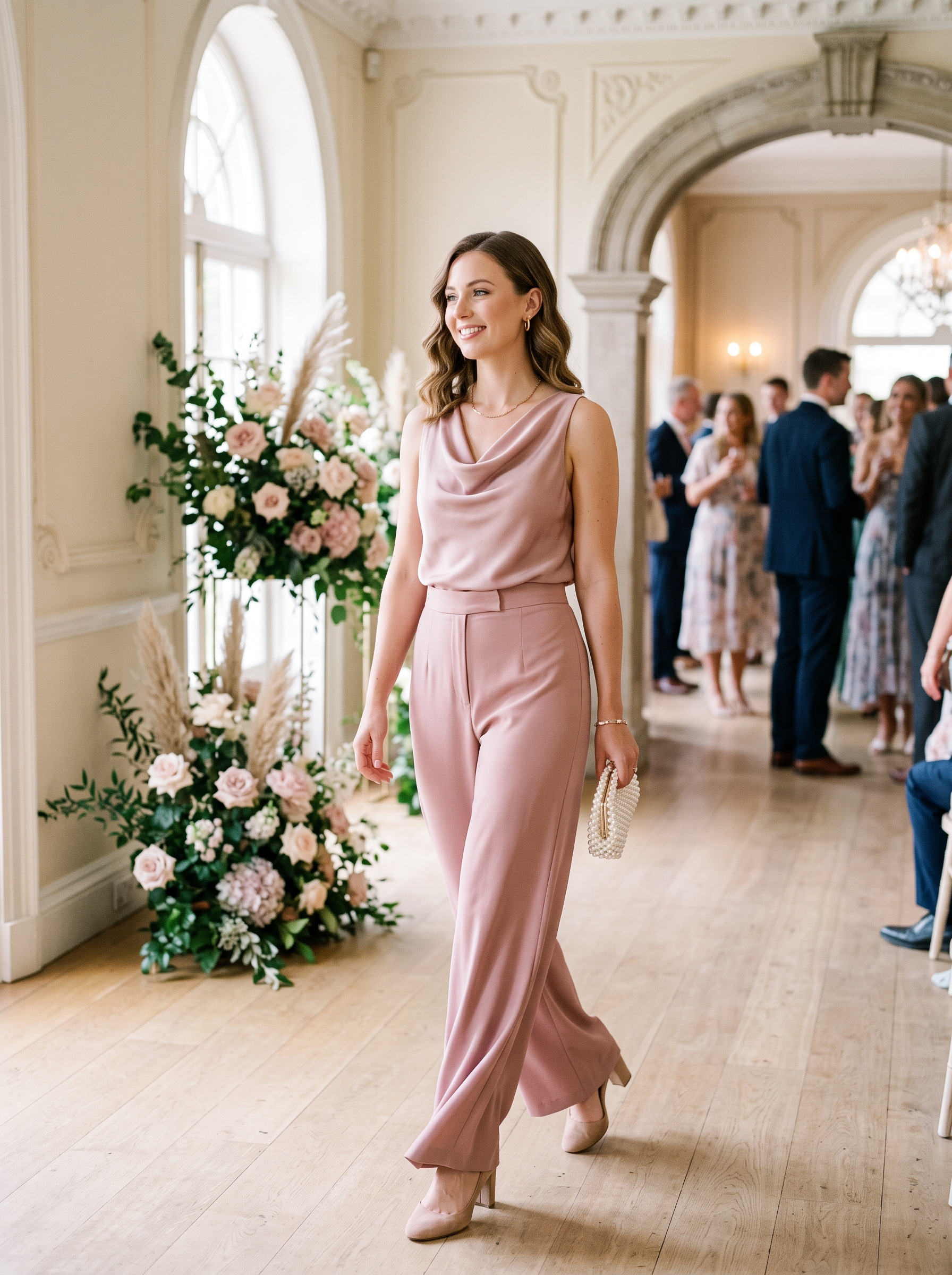 Dusty Rose Trousers With Draped Cowl-Neck Top
