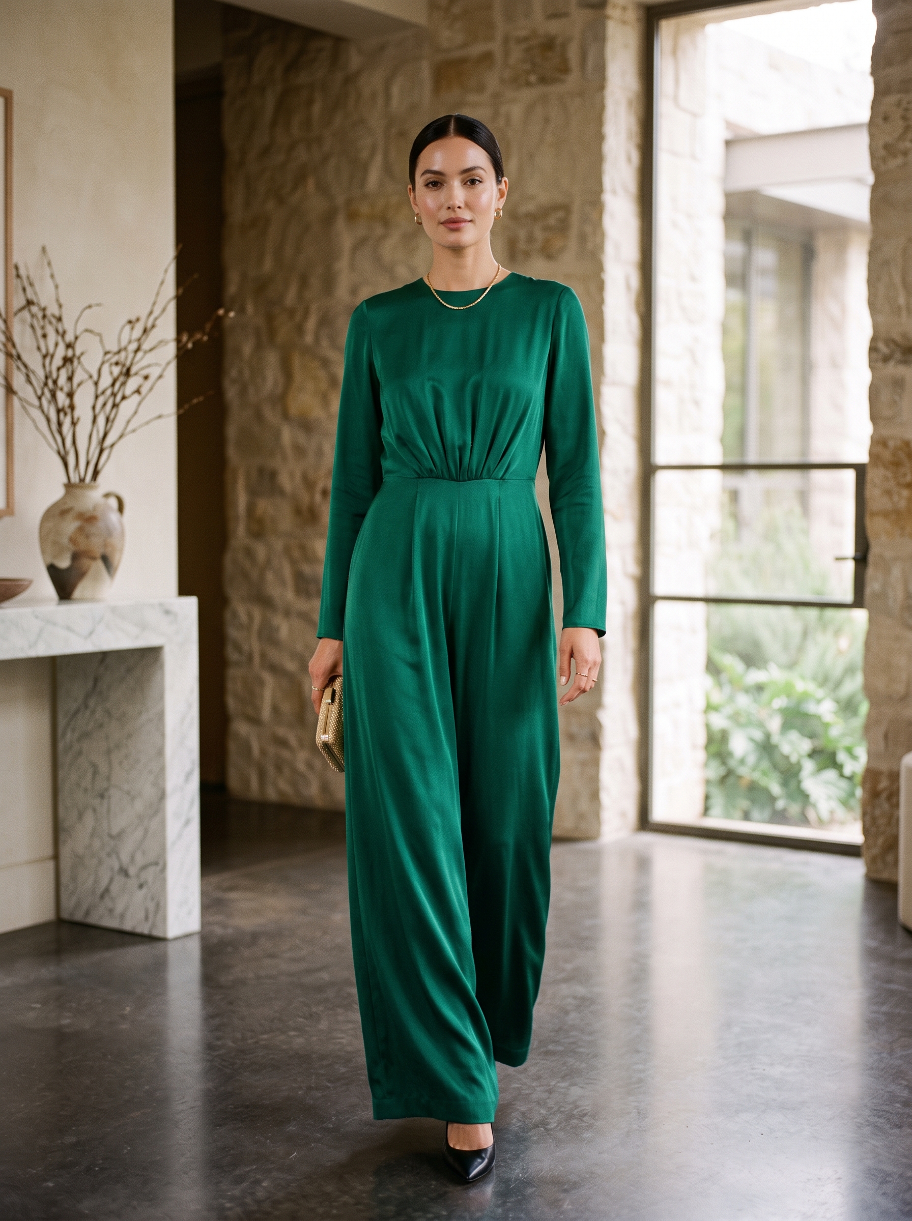Emerald Wide-Leg Jumpsuit With Draped Waist