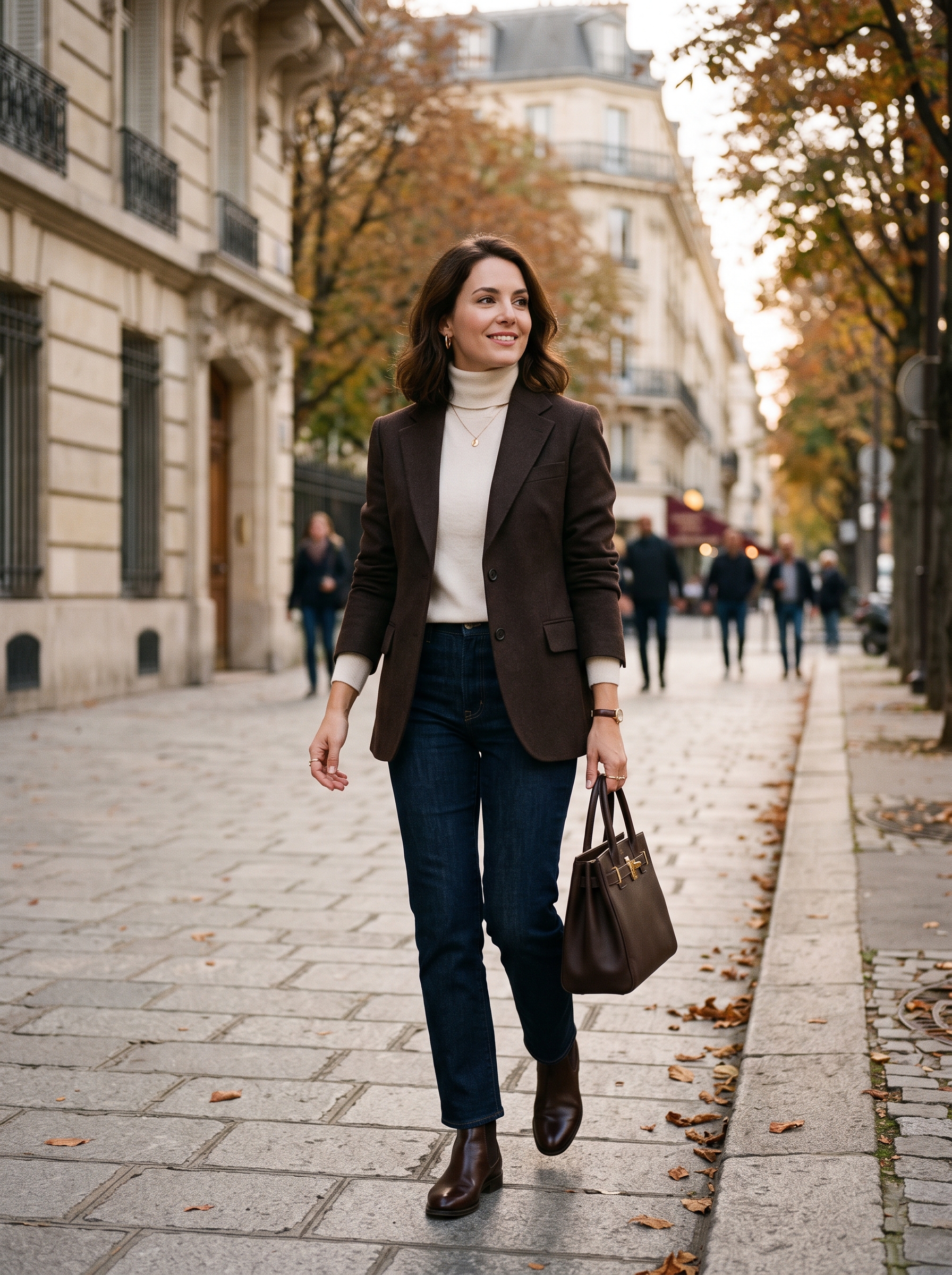 Espresso Blazer With Ivory Turtleneck and Dark Denim