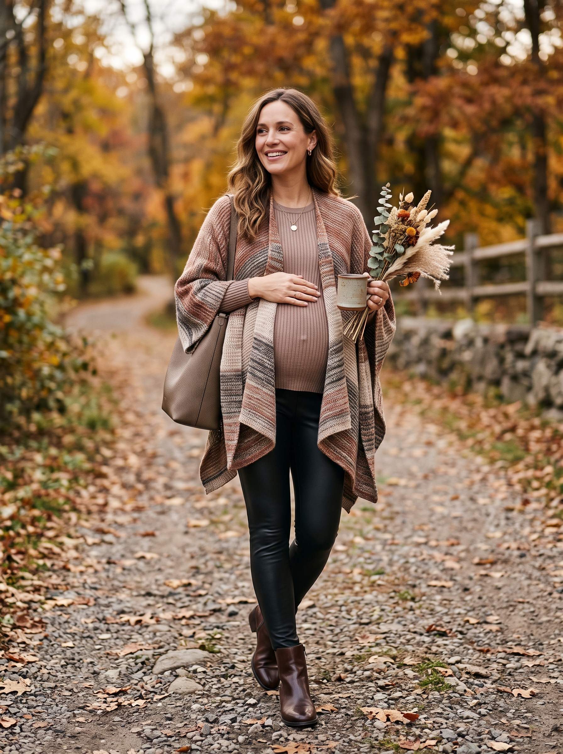 Faux Leather Leggings With Knit Poncho