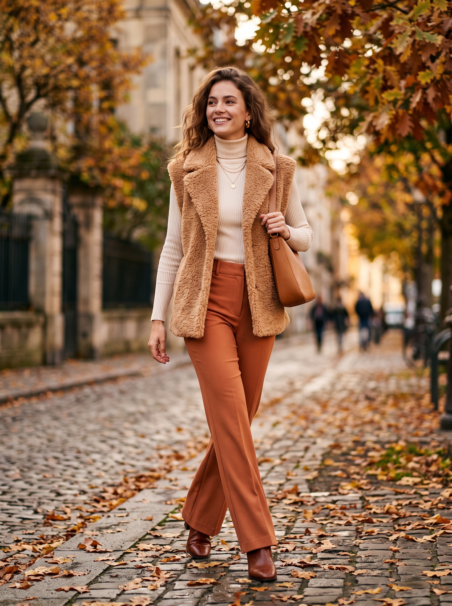 Faux Shearling Vest With Flared Trousers