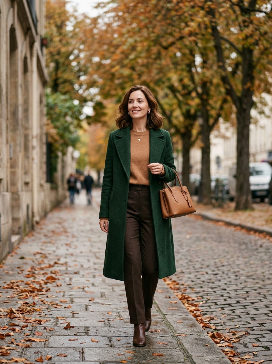 Forest Green Coat With Caramel Sweater
