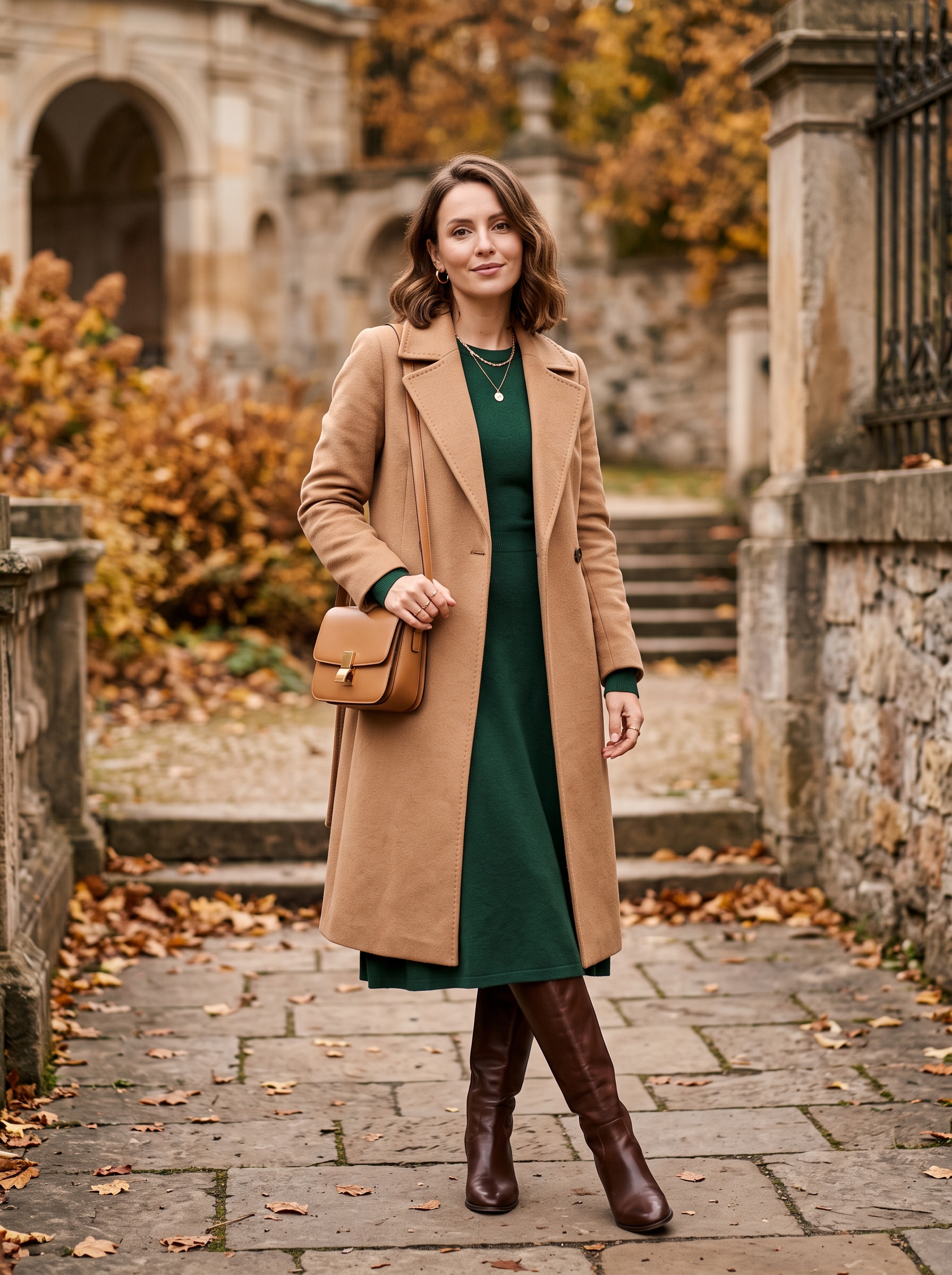 Forest Green Dress With Camel Coat