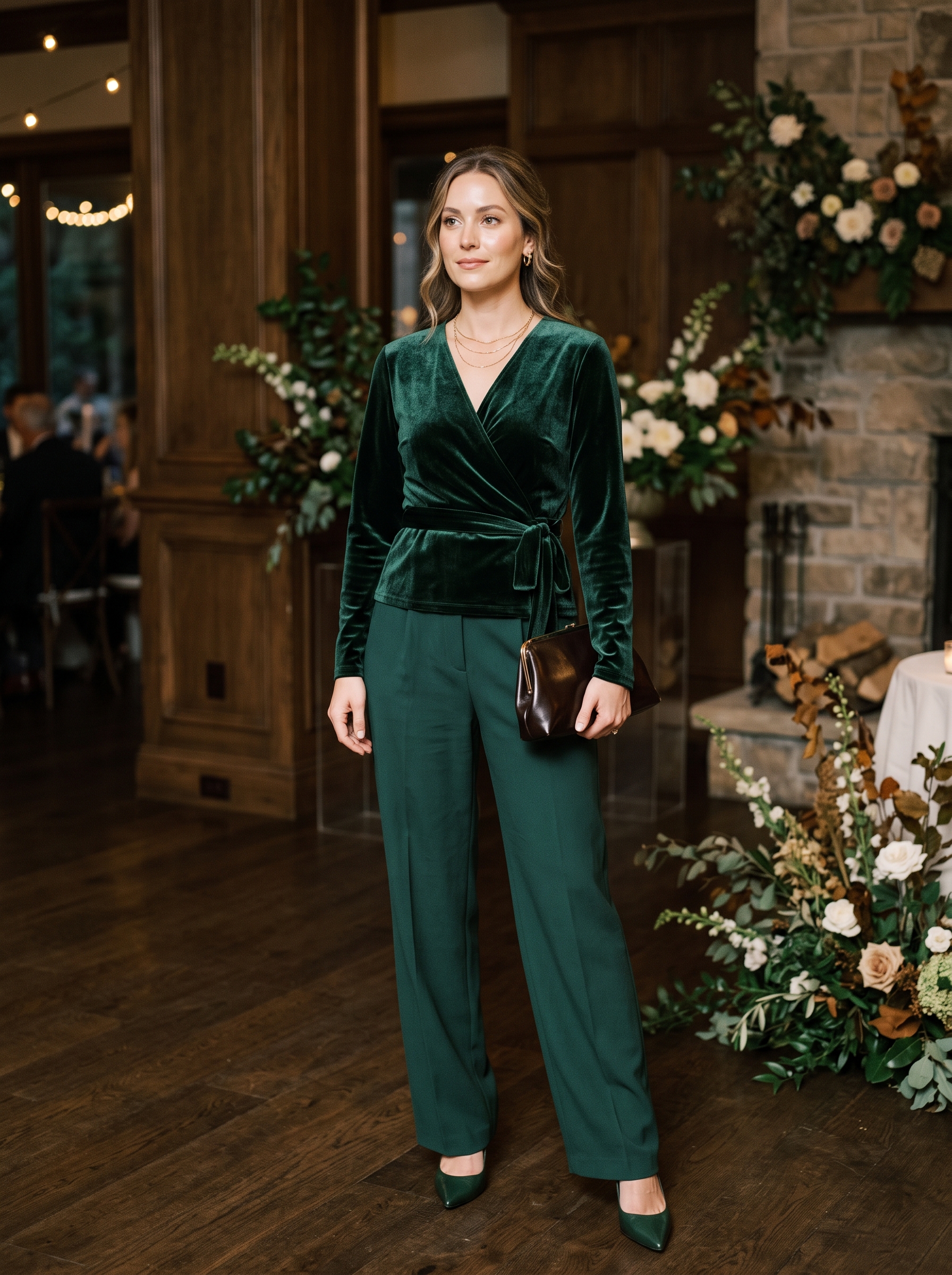 Forest Green Pants With Velvet Wrap Top