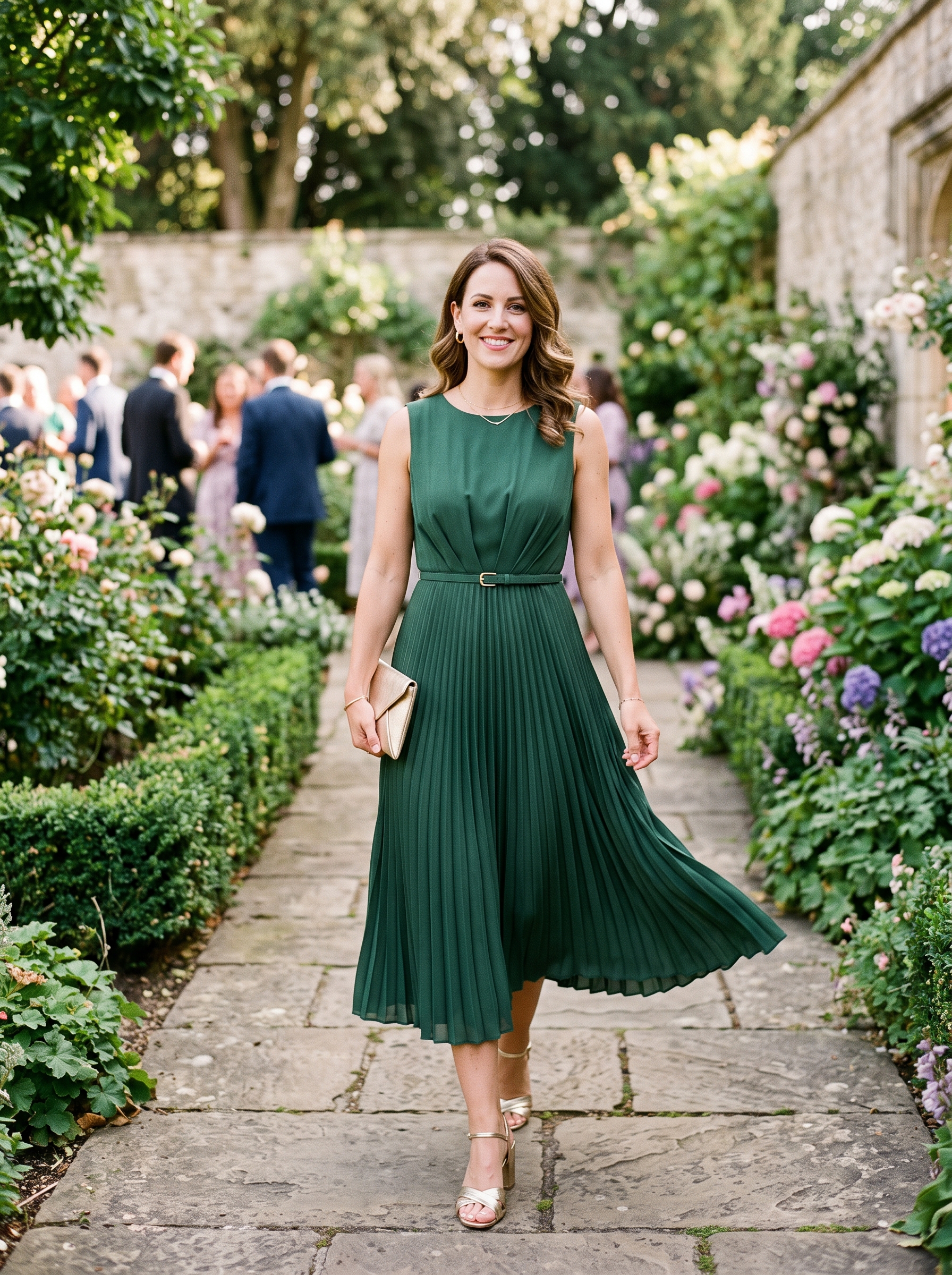 Forest Green Pleated Midi Dress