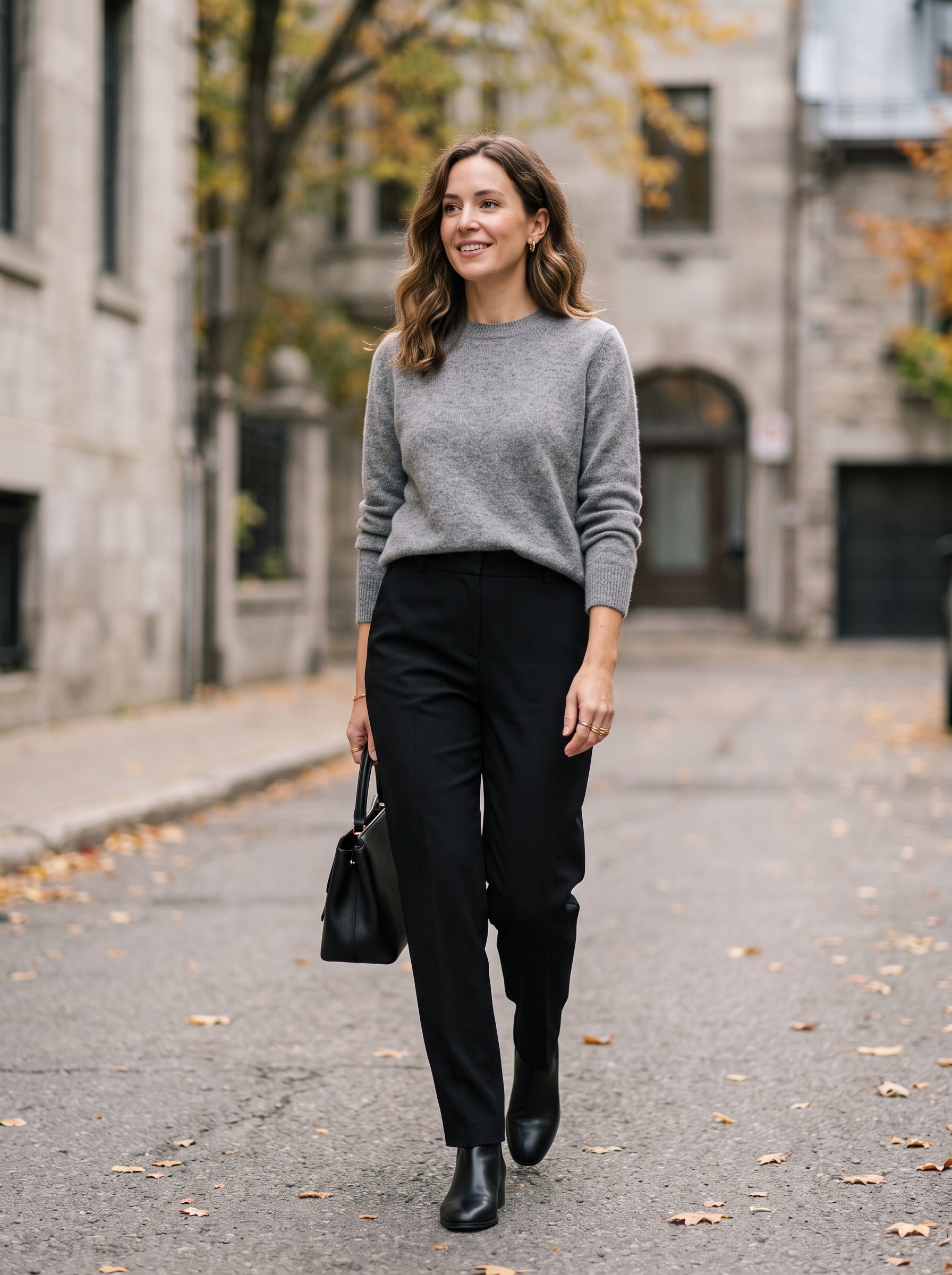 Gray Crewneck Sweater With Black Trousers