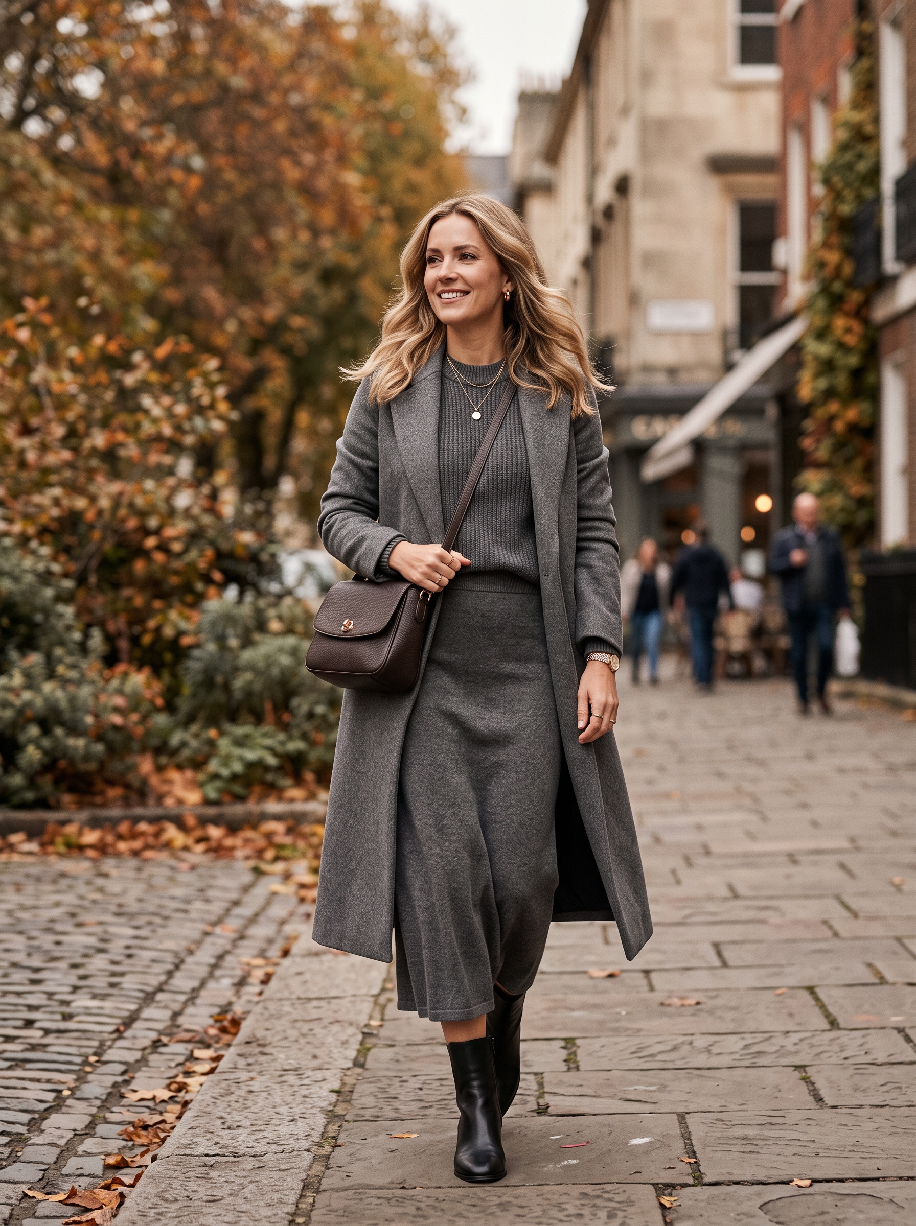 Gray Knit Set With Structured Leather Bag