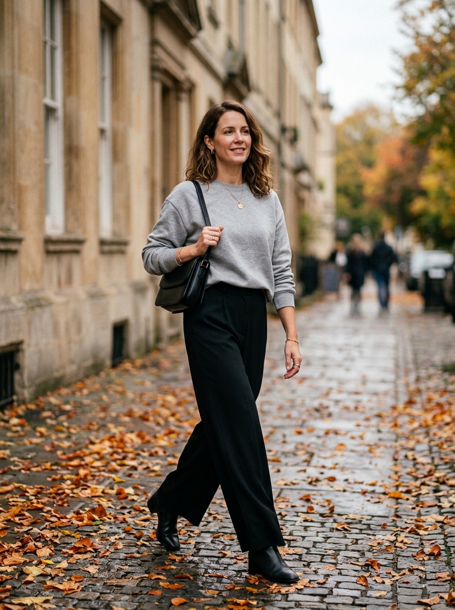 Gray Sweatshirt With Black Wide-Leg Pants