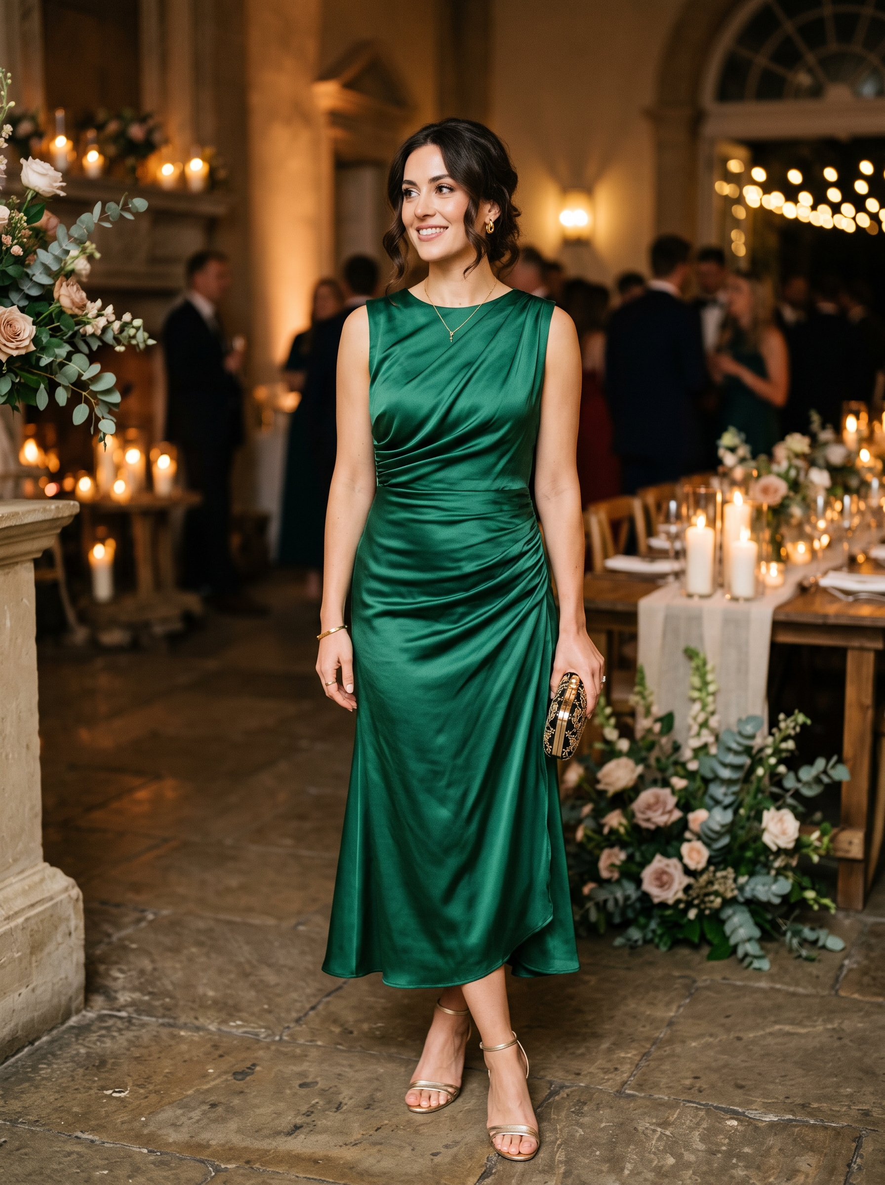 Green Satin Midi Dress With Draping