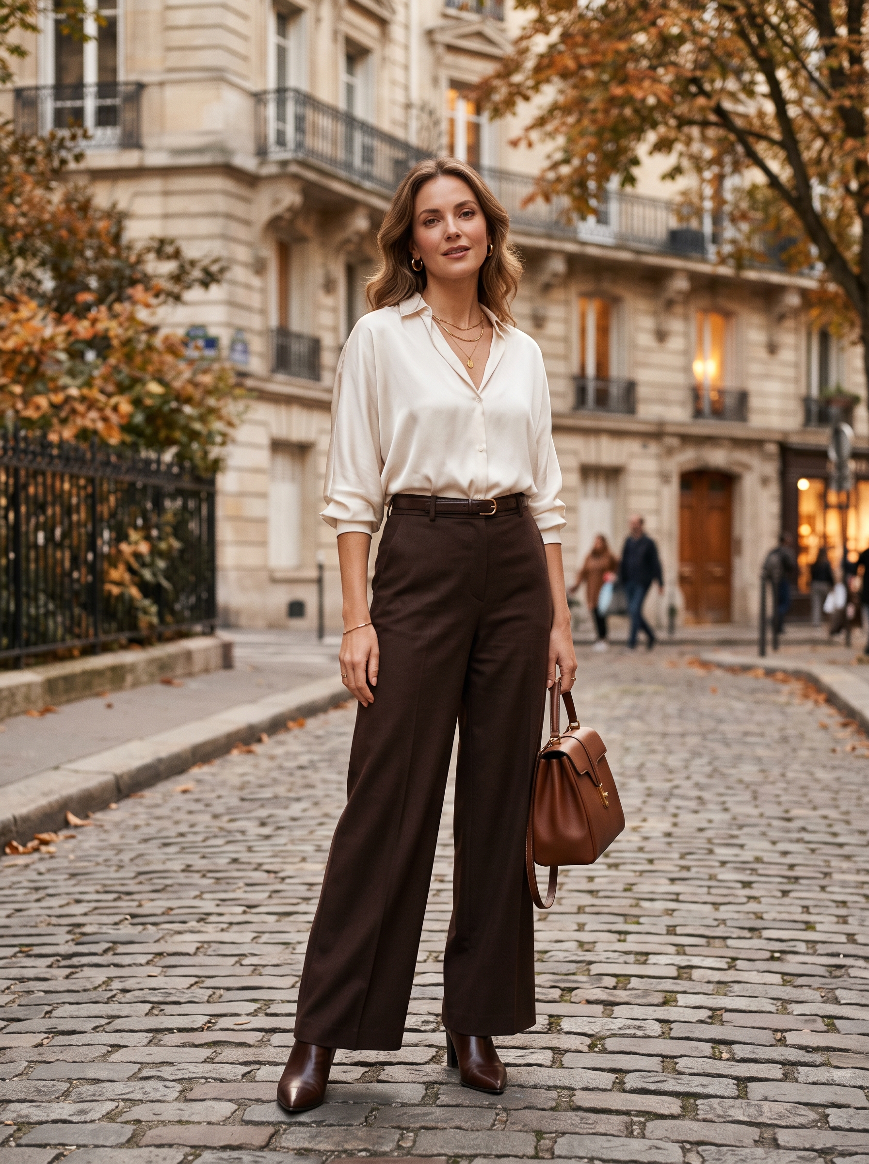 Ivory Blouse With Chocolate Wide-Leg Trousers