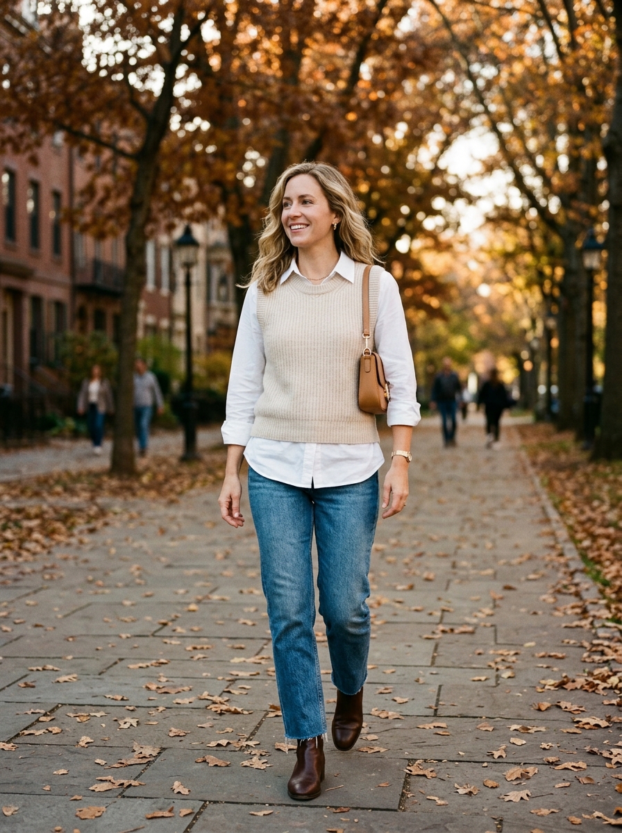 Knit Vest With White Shirt and Jeans