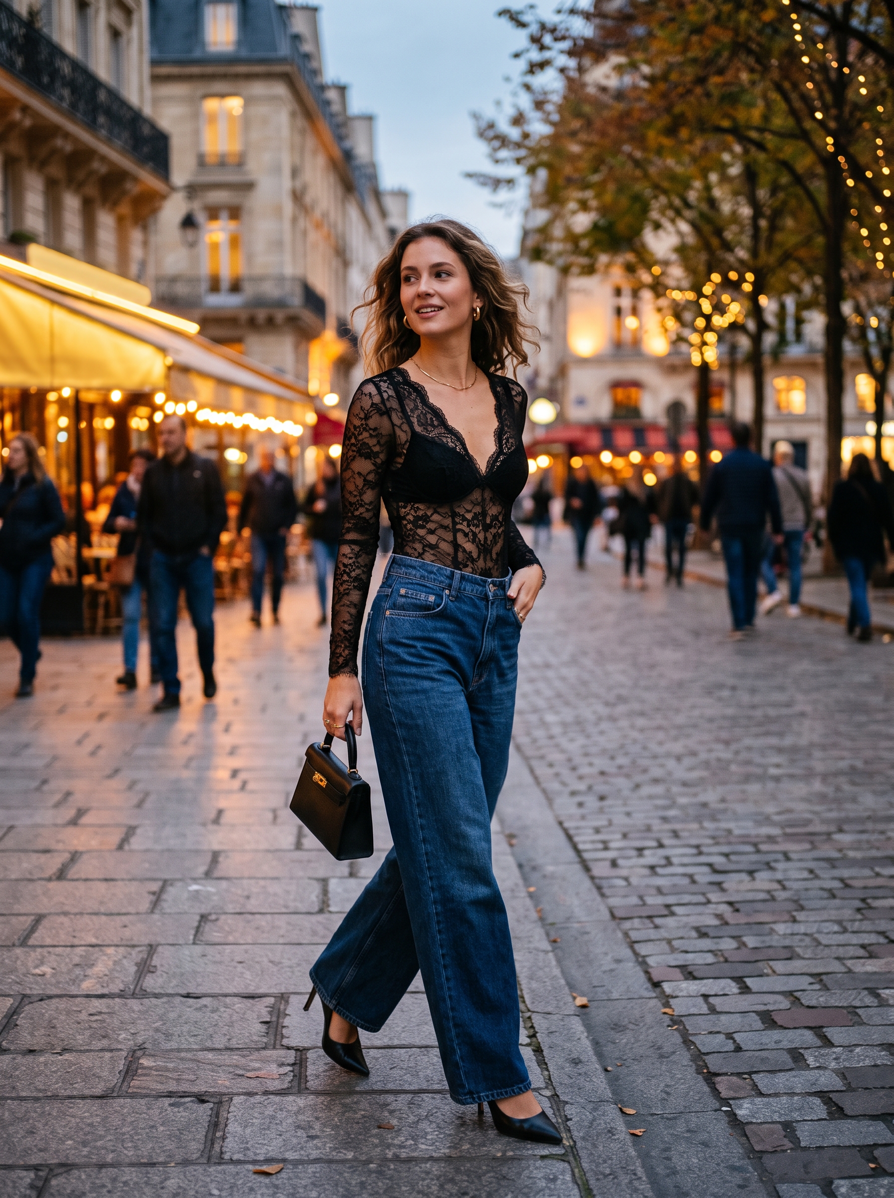 Lace Bodysuit With Wide-Leg Jeans