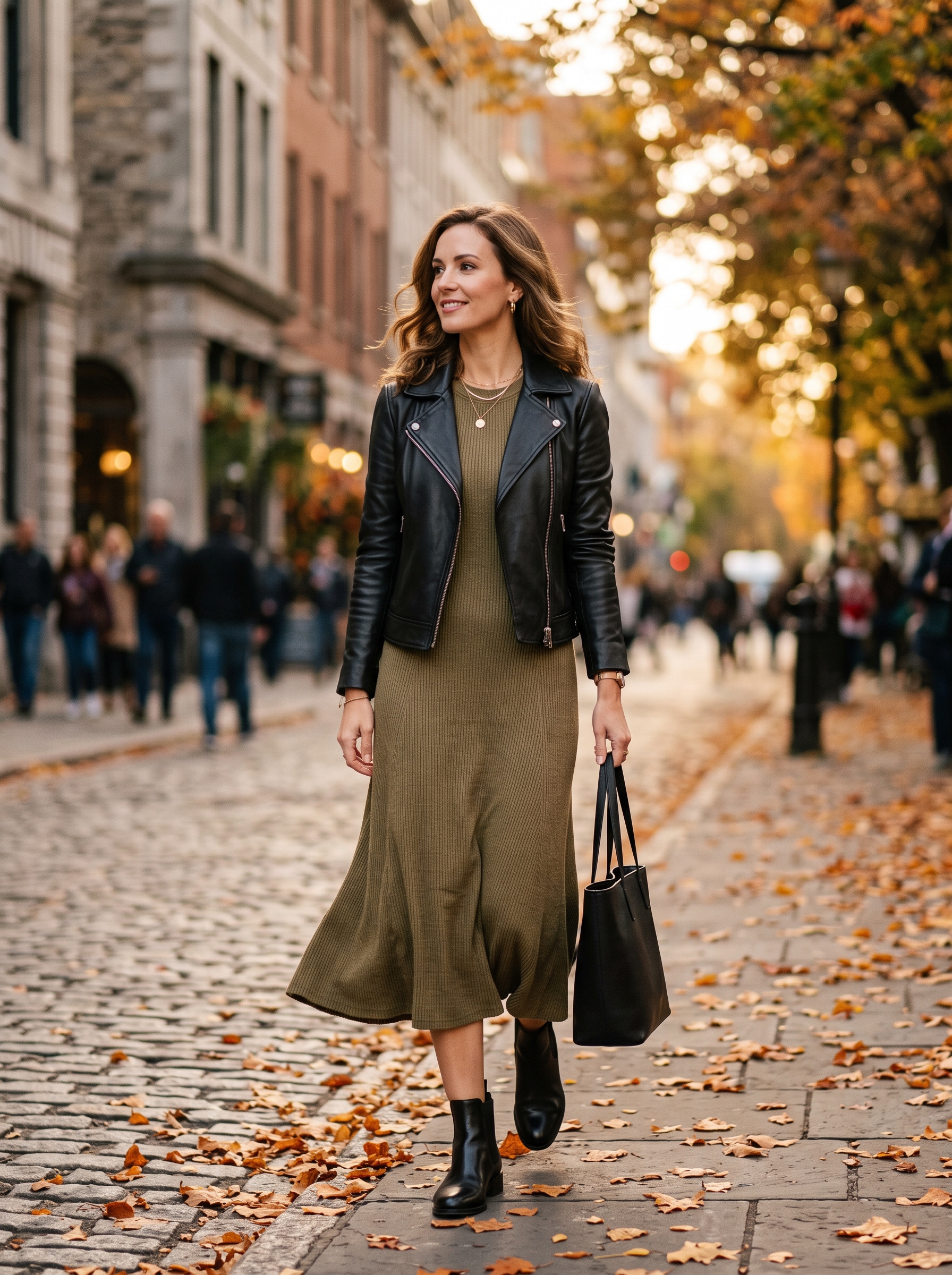 Leather Jacket With Knit Midi Dress
