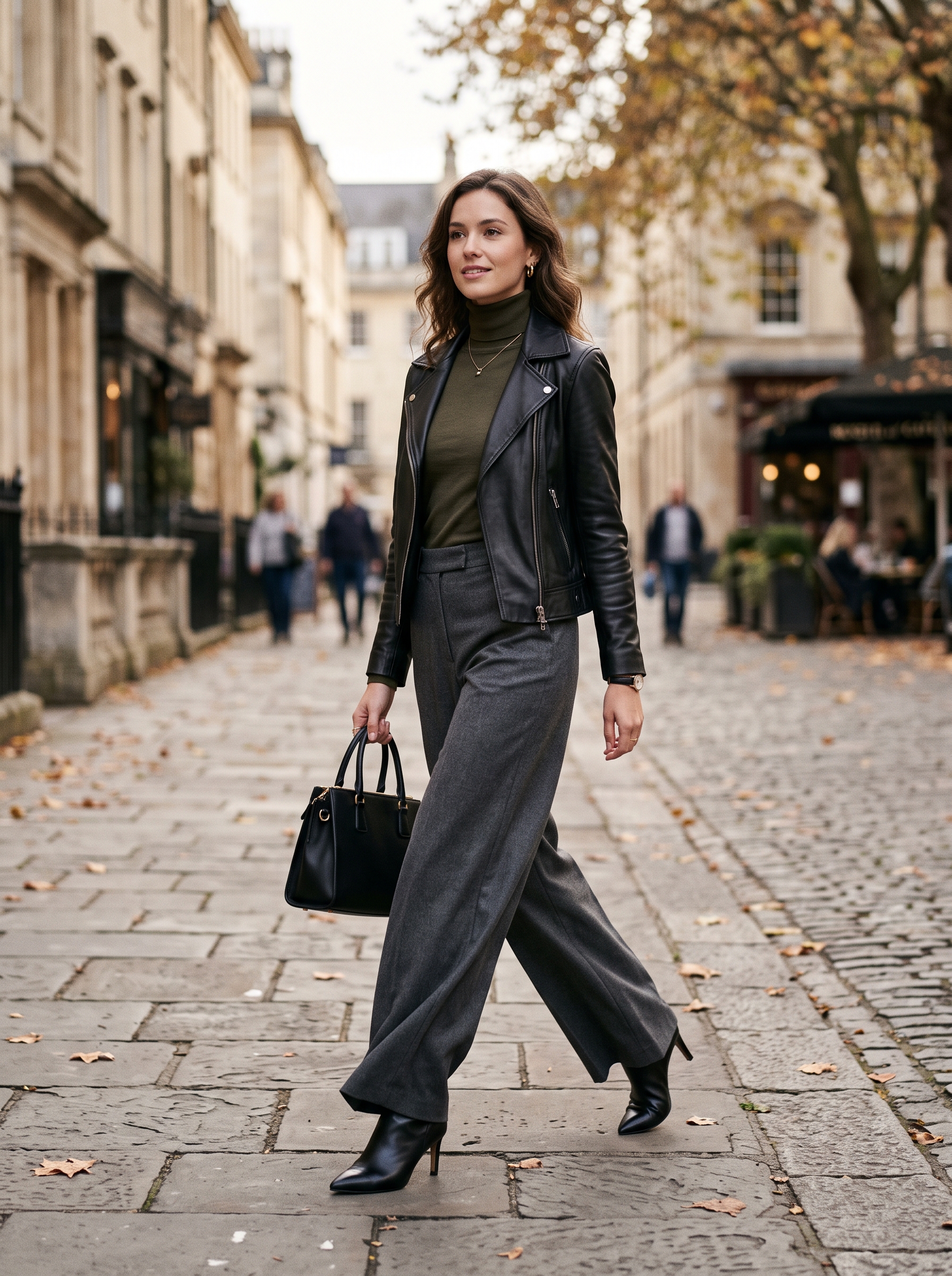 Leather Jacket With Wide-Leg Trousers