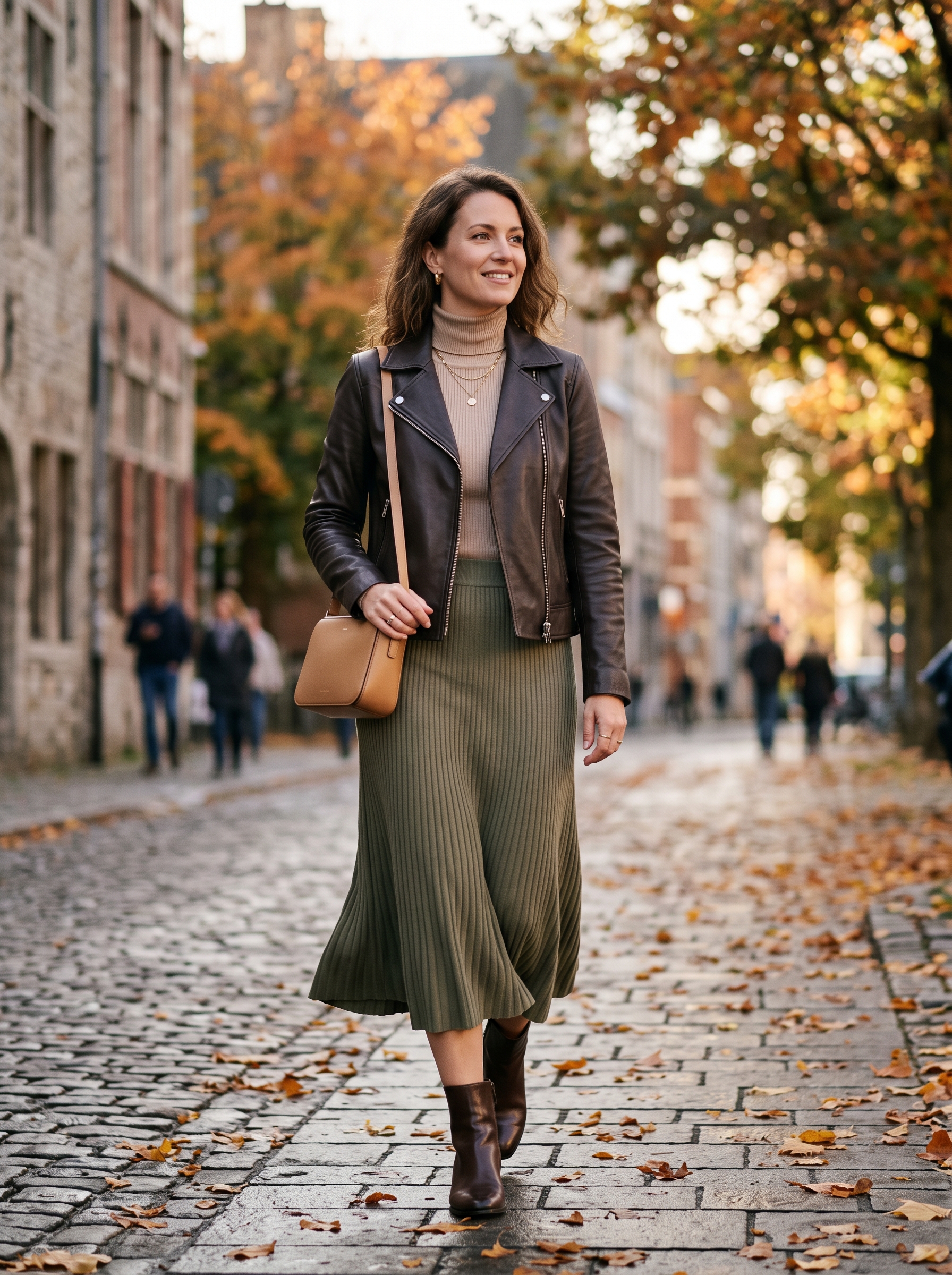 Leather Jacket With a Knit Midi Skirt