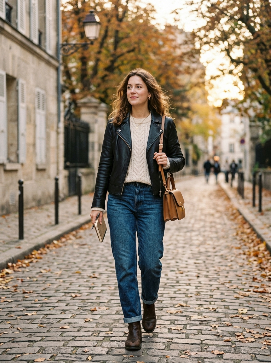 Leather Jacket With a Soft Knit and Denim