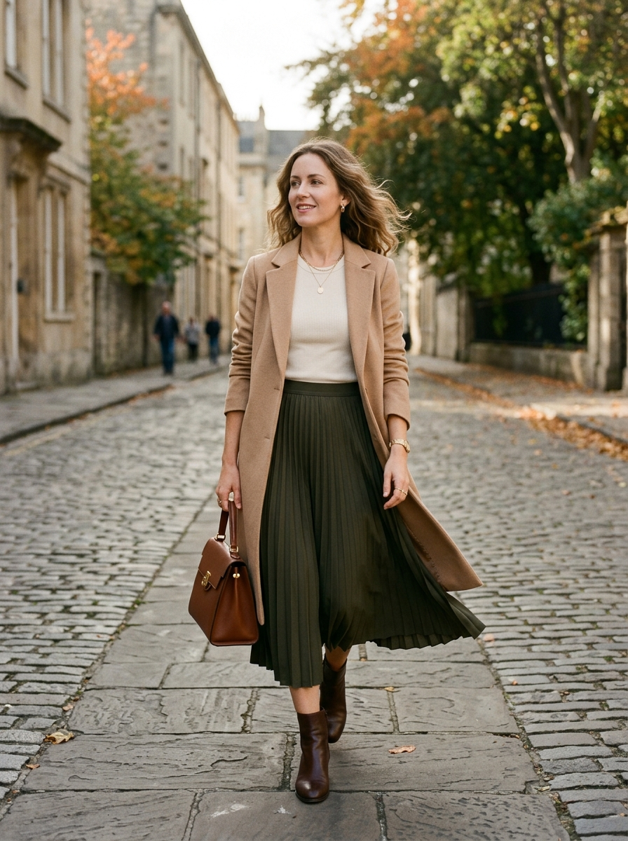 Lightweight Coat With a Tee and Midi Skirt