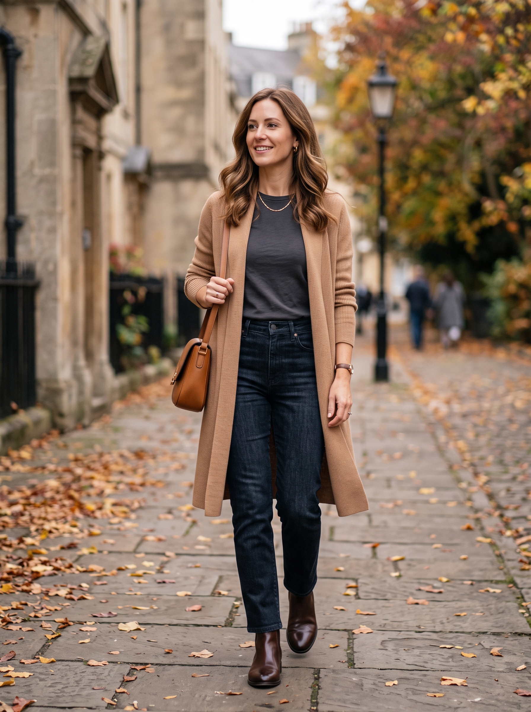 Long Cardigan With Fitted Tee and Dark Denim