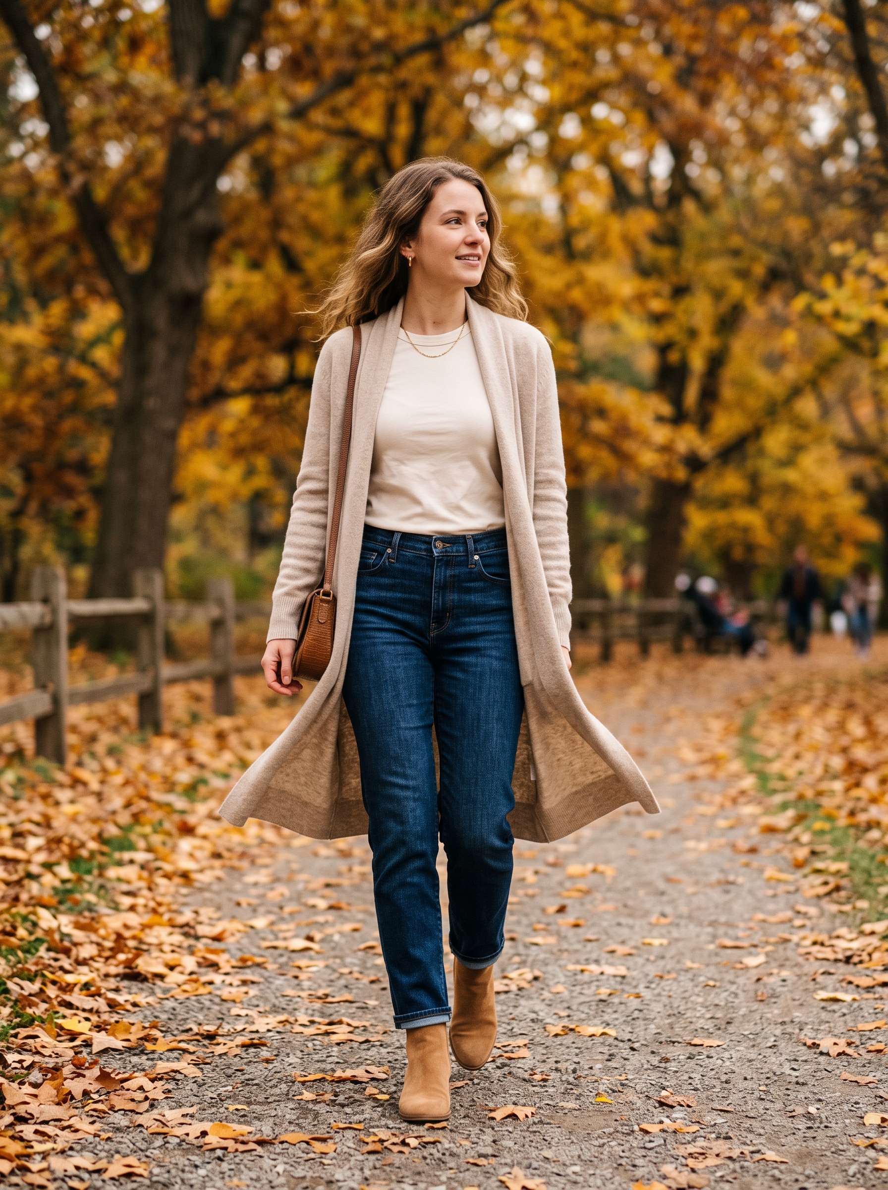 Long Cardigan With Fitted Tee and Dark Denim