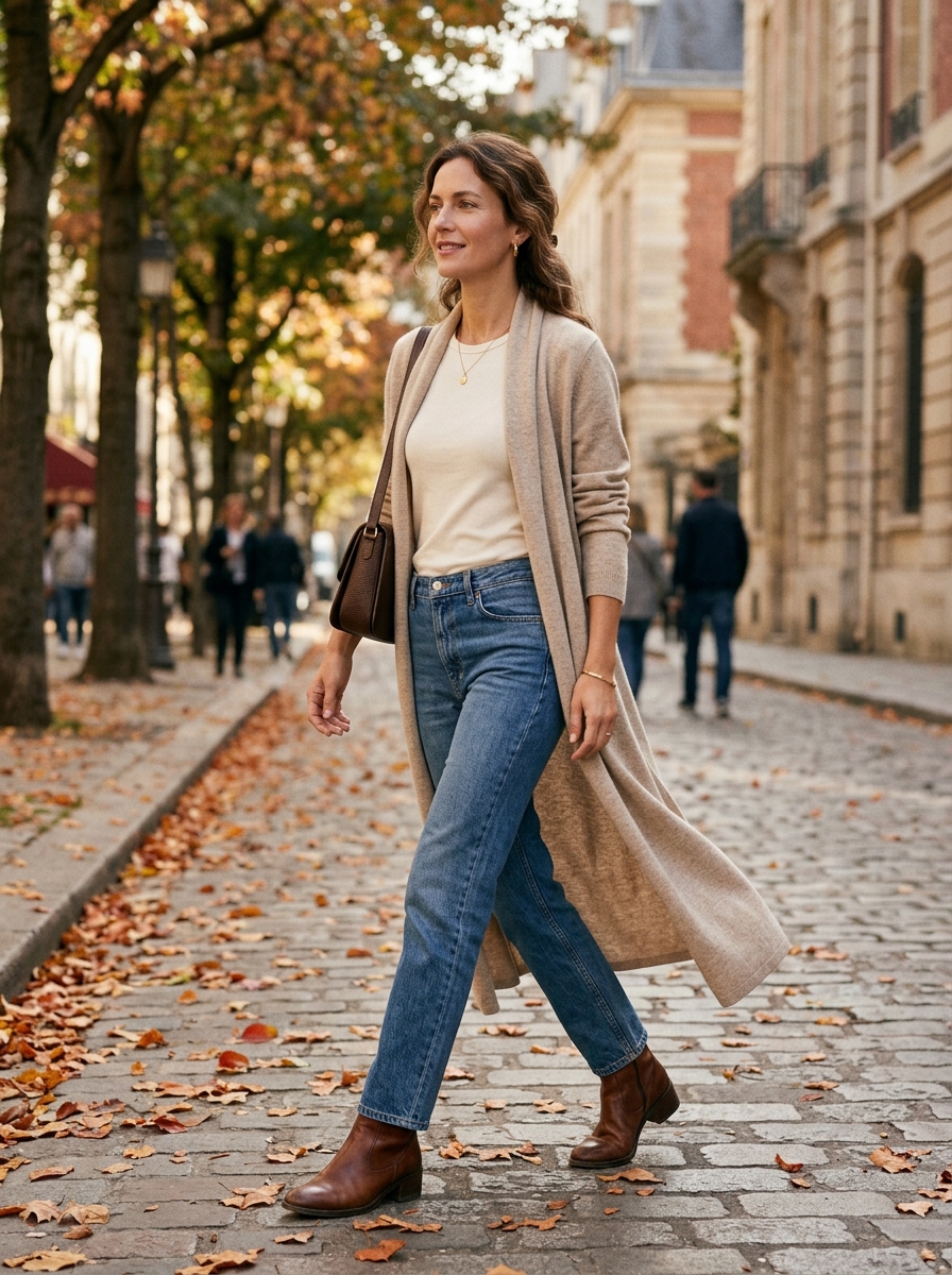 Long Cardigan With Fitted Tee and Jeans