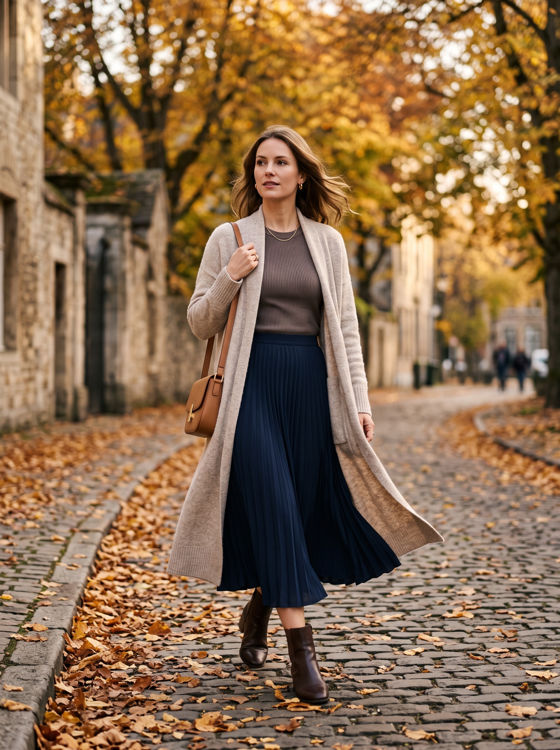 Long Cardigan With Fitted Top and Midi Skirt