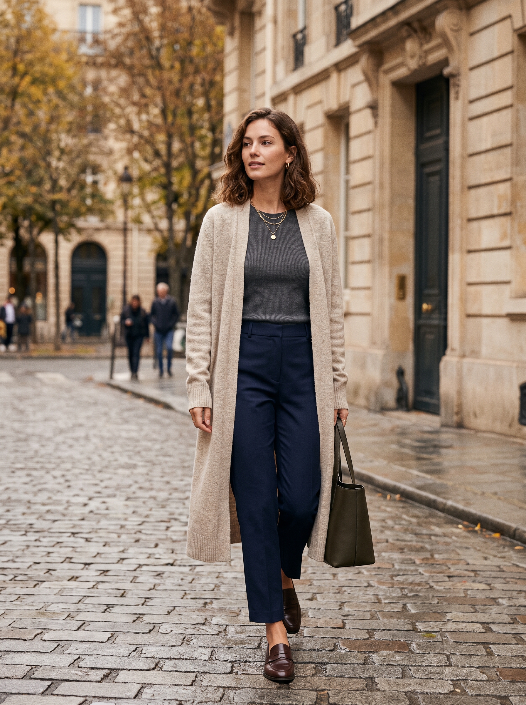 Long Cardigan With Tailored Trousers and Loafers