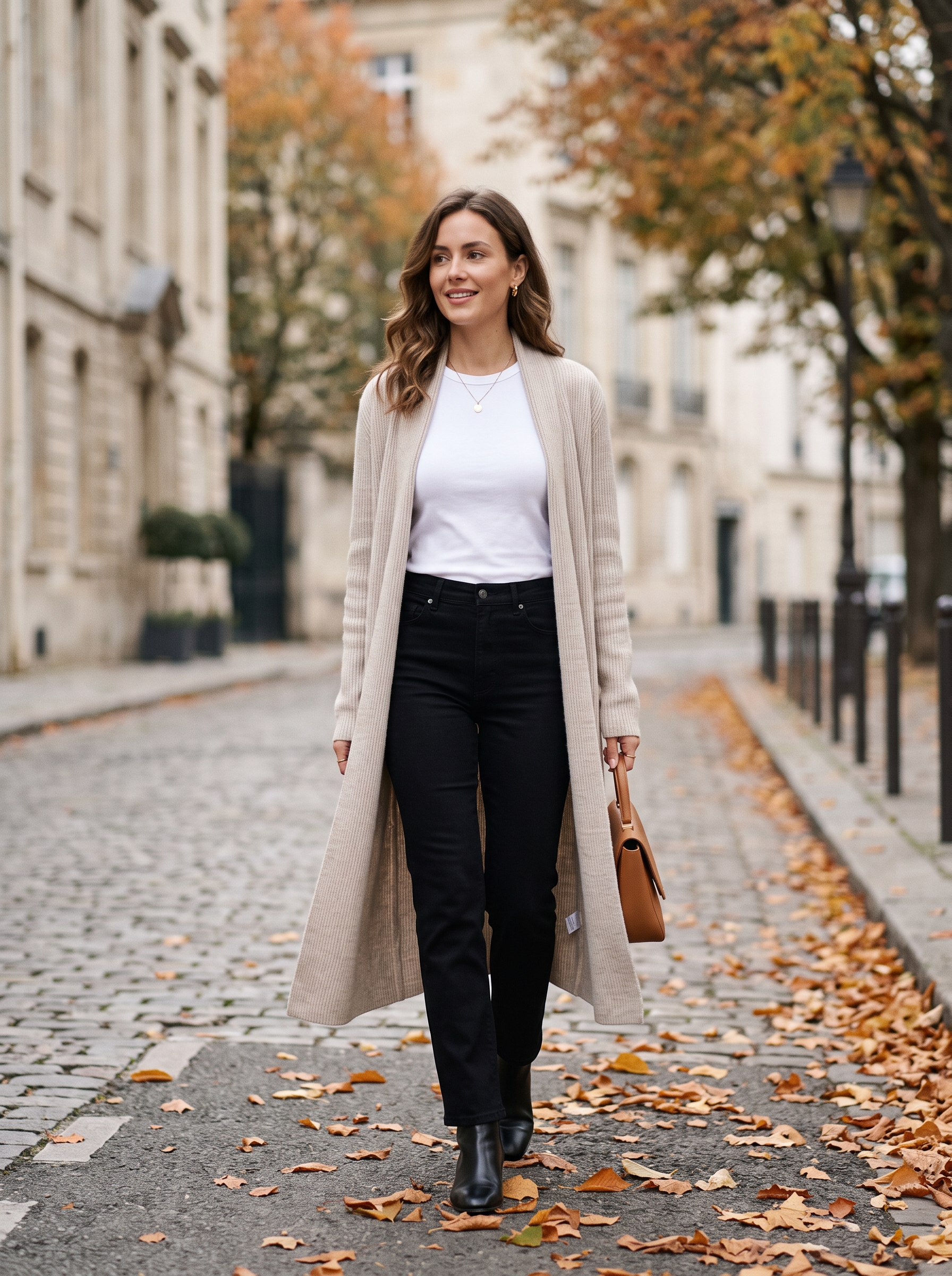 Long Cardigan With White Tee and Black Jeans