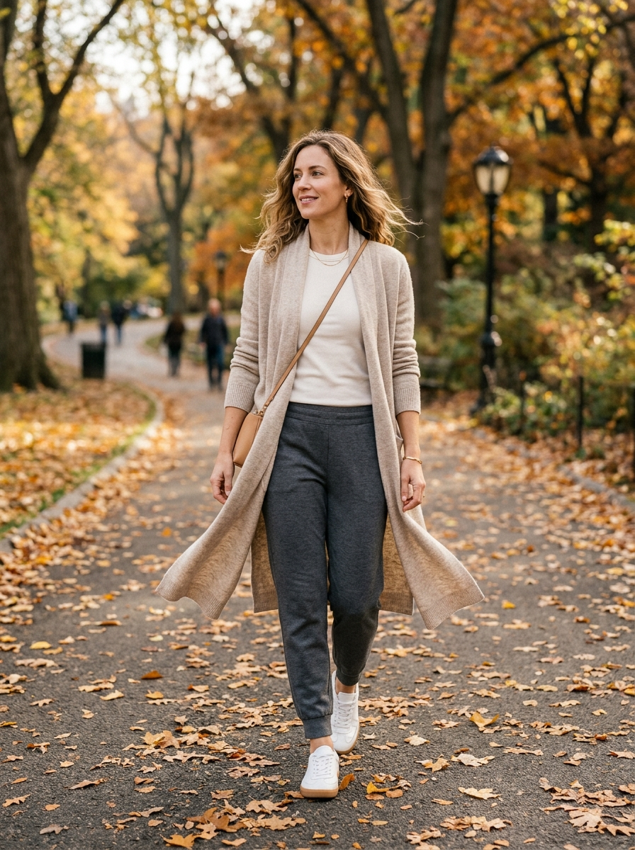 Long Cardigan With a Fitted Tee and Joggers