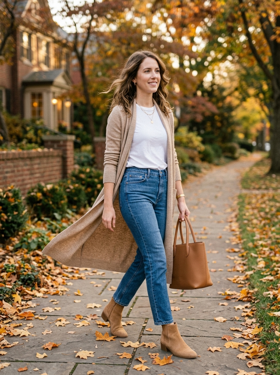 Long Cardigan With a White Tee and Jeans