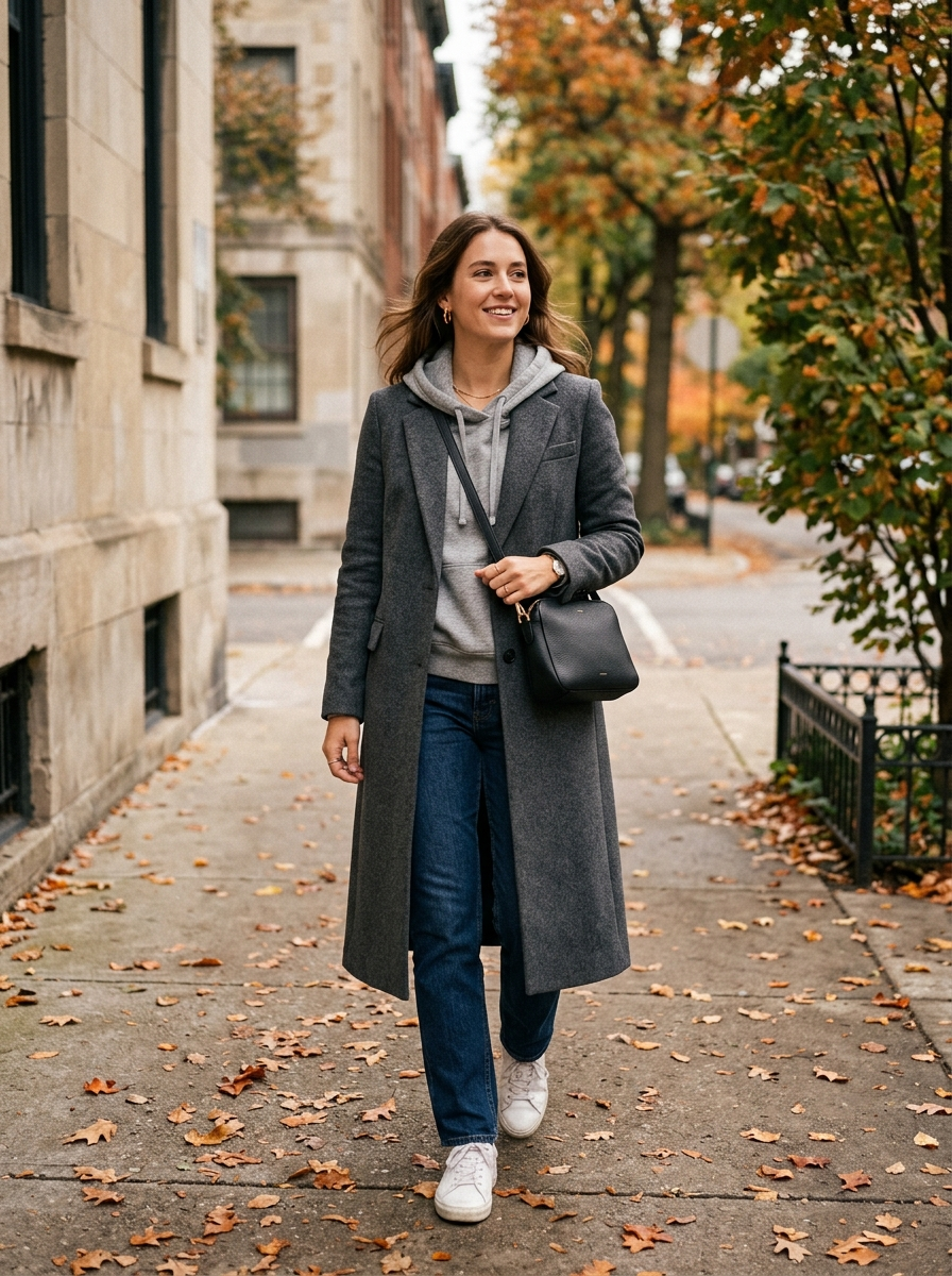 Long Wool Coat With Hoodie and Jeans