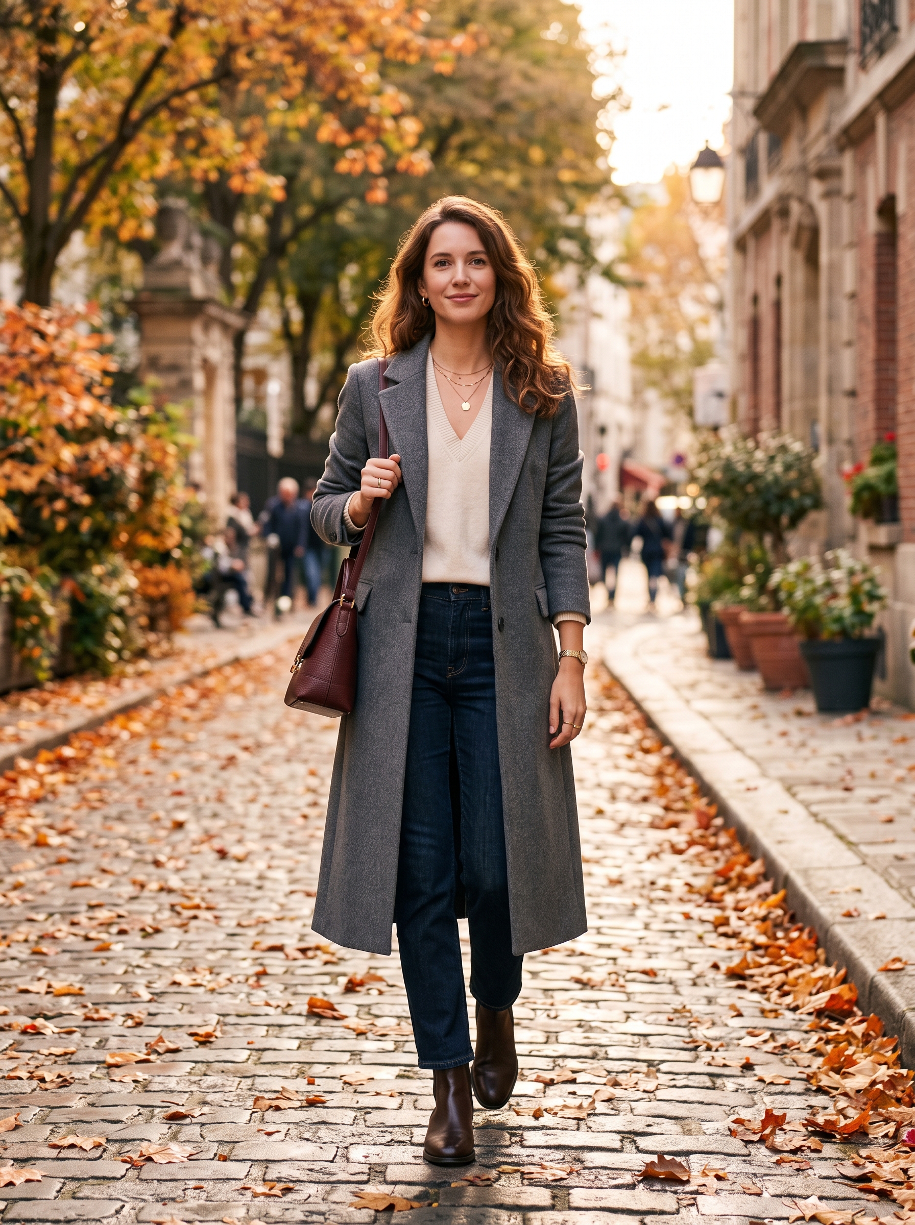 Long Wool Coat With V-Neck Knit