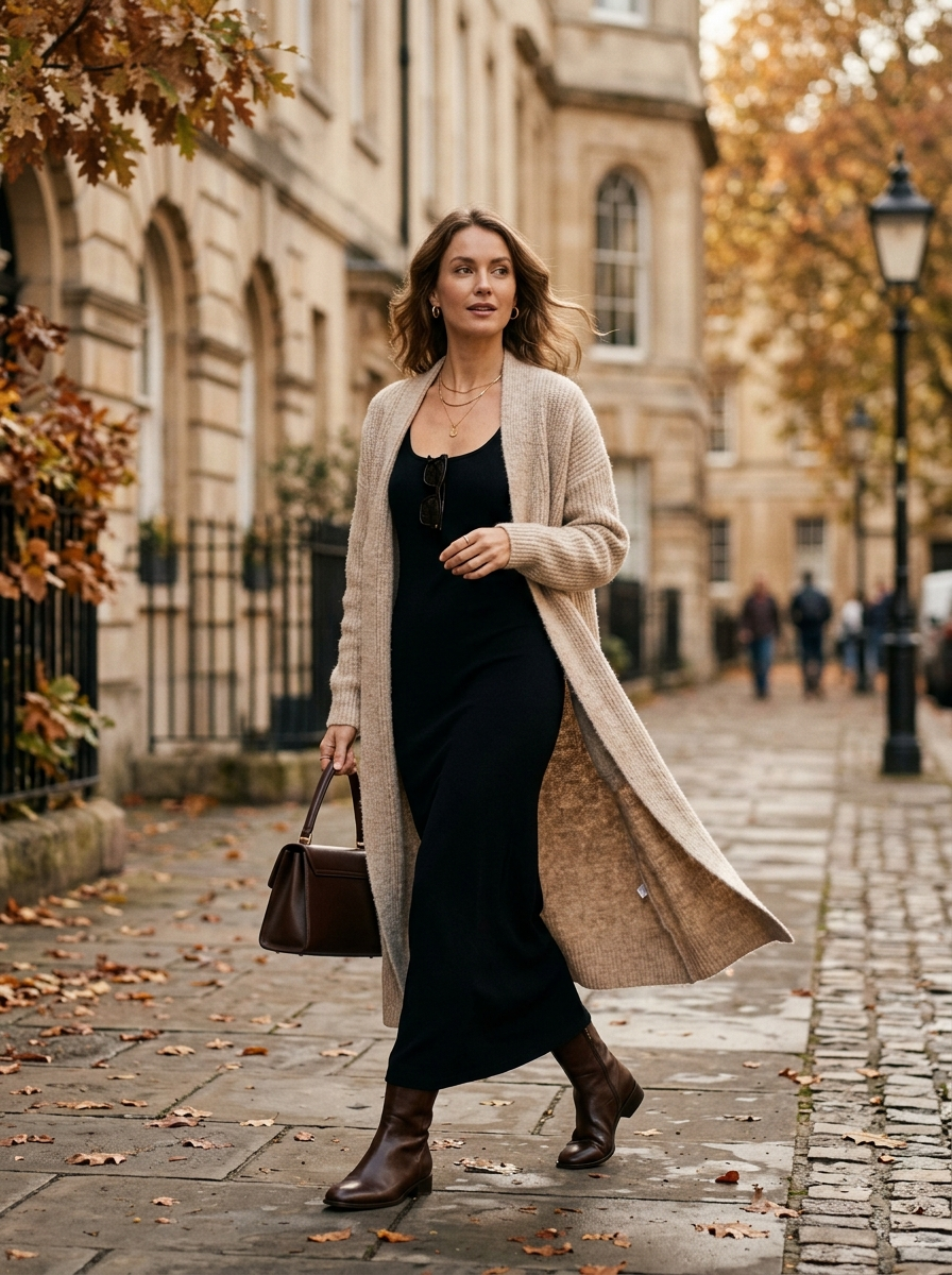 Longline Cardigan With Black Column Dress