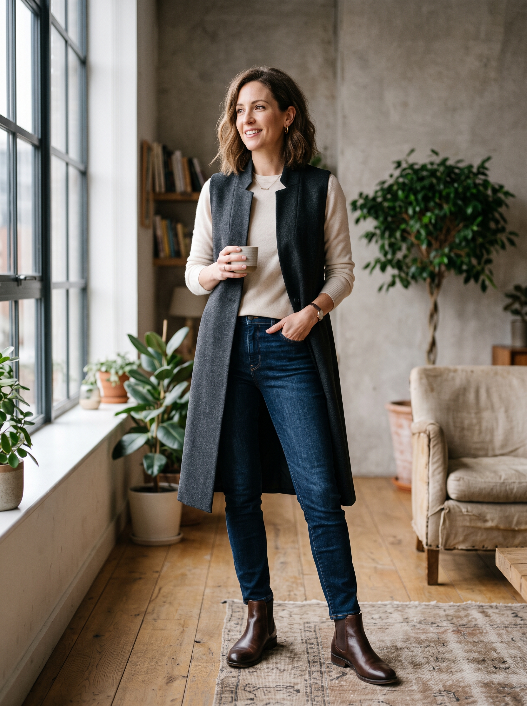 Longline Vest With a Fine-Knit Sweater
