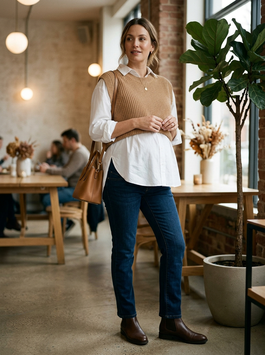 Maternity Jeans With a Button-Down and Sweater Vest