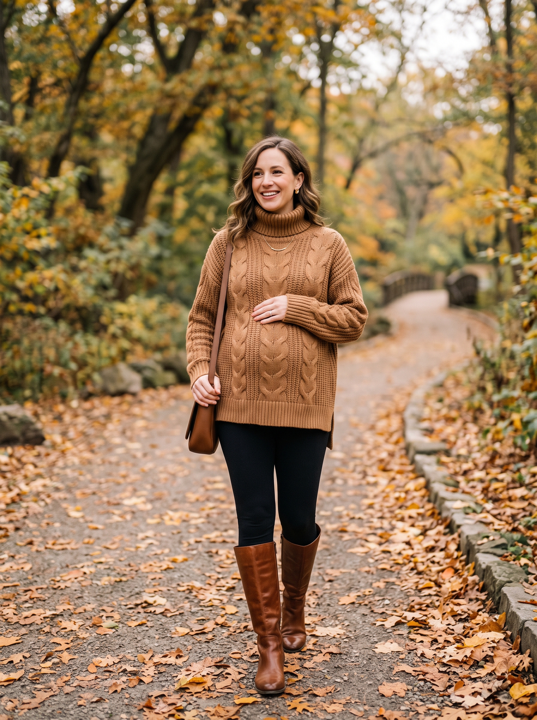 Maternity Leggings With a Chunky Sweater and Boots
